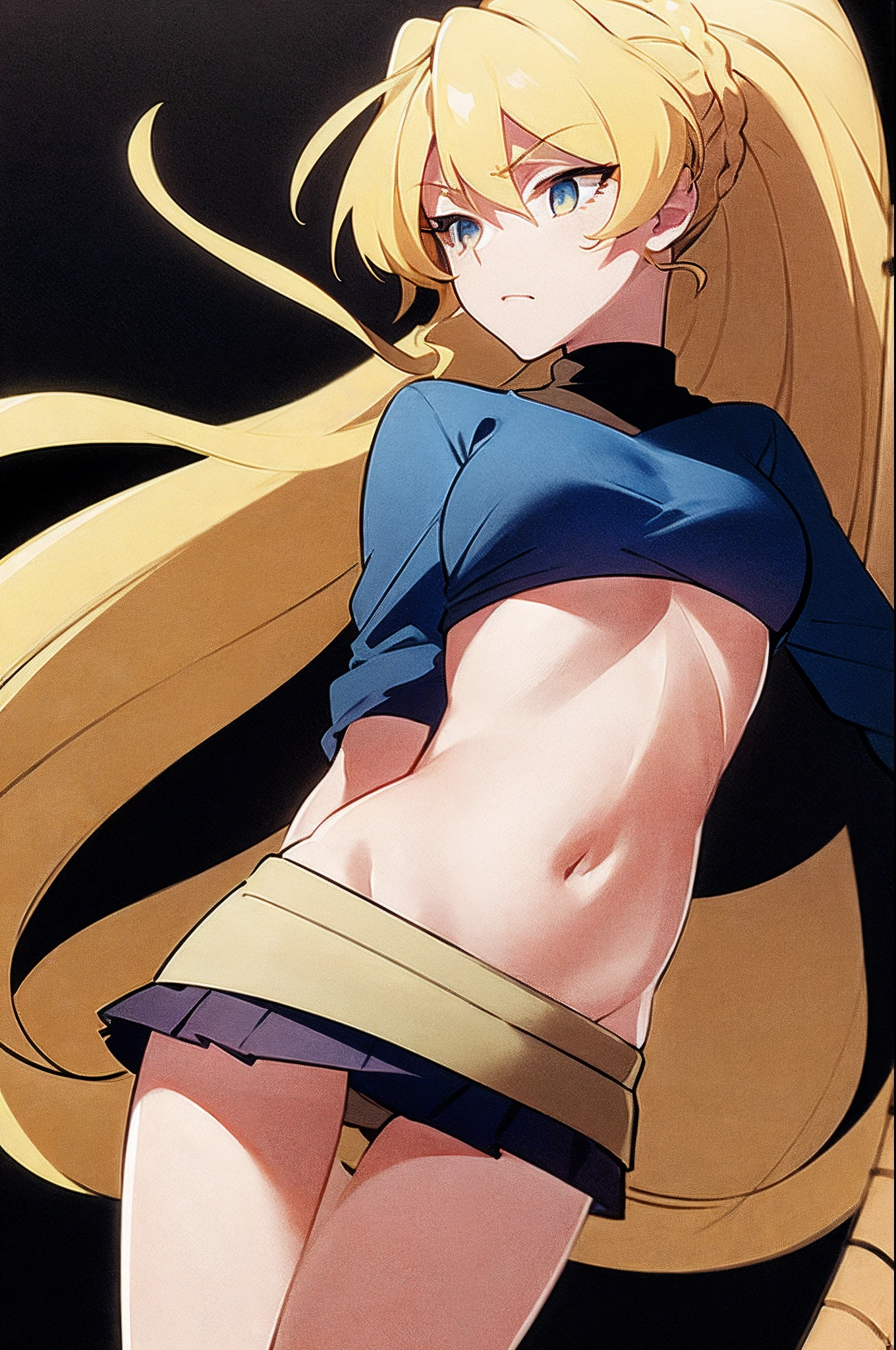 masterpiece, best quality, 1girl, alicetaria,blonde hair, long hair, ponytail, blue eyes, blue shirt, pleated skirt, solo, simple background, bikini, beacht
