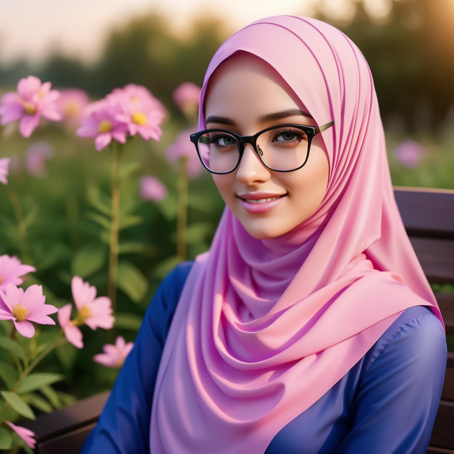 ultra realistic,16k, enhanced quality, perfect face, perfect hands, perfect body, ultra detailed,1girl, perfect hair, girl wearing glasses, perfect glasses, perfect smile, ultra realistic, ultra realistic background, ultra realistic sunset, ultra realistic clouds, sitting on a bench in a garden of flowers reading Qur'an, looking at Qur'an, ultra realistic glowing butterfly, girl wearing perfect hijab, ultra realistic particles, perfect duck lips, Islamic hijab.