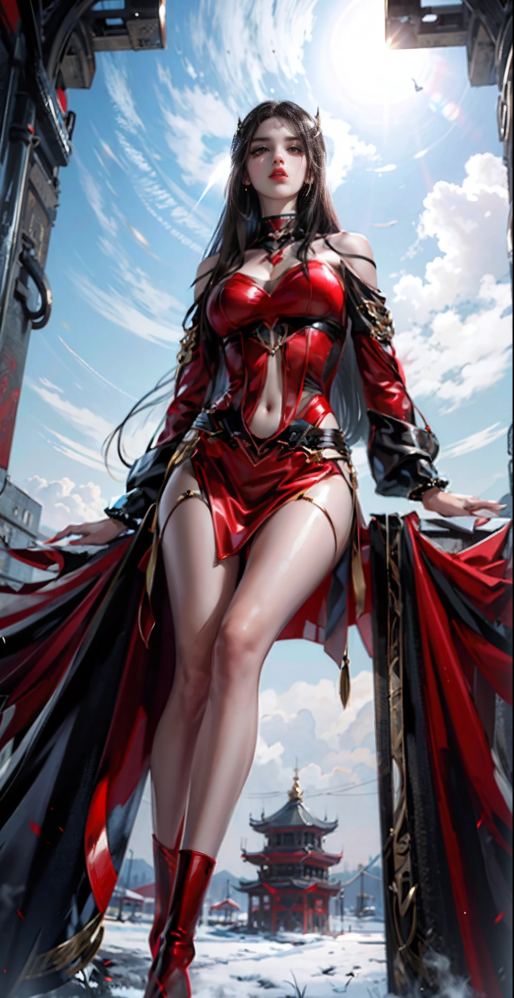 (Masterpiece:1.2), (The best quality:1.2), perfect lighting, Dark Magician Girl casting a spell, in battle. floating in the air, visible medium tits, transparent neckline, blue robe, big hat, From above, sparkles, Yugioh game, The magic of the heart. LIGHTS OF THE HEART, romantic heart. She wears gold heels. In heels. heels 