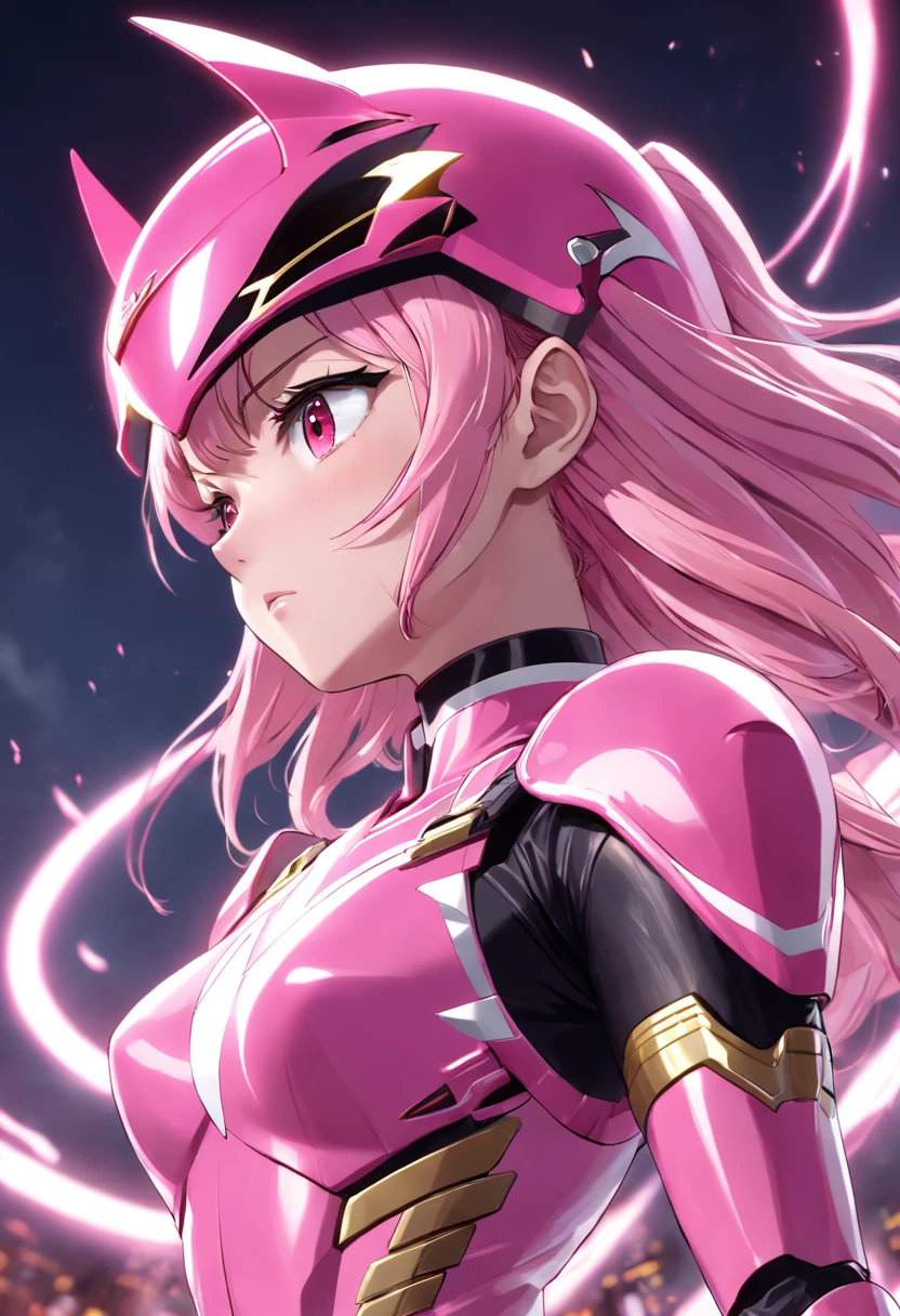 1female, pink Ranger, pink helmet, black glass, pink armour, pink Power Ranger, golden stripes, ultra HD, photorealism