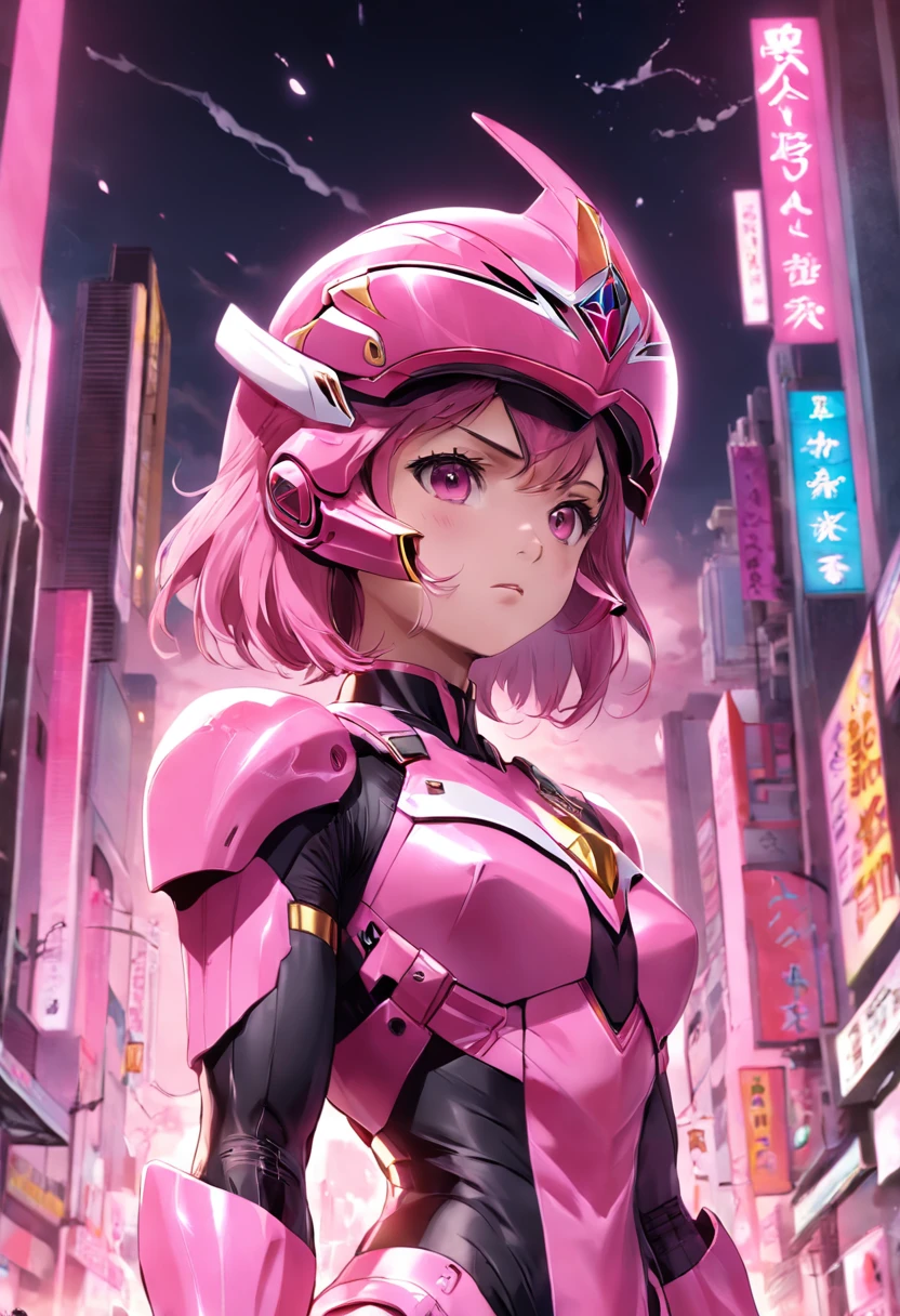 1female, pink Ranger, pink helmet, black glass, pink armour, pink Power Ranger, golden stripes, ultra HD, photorealism