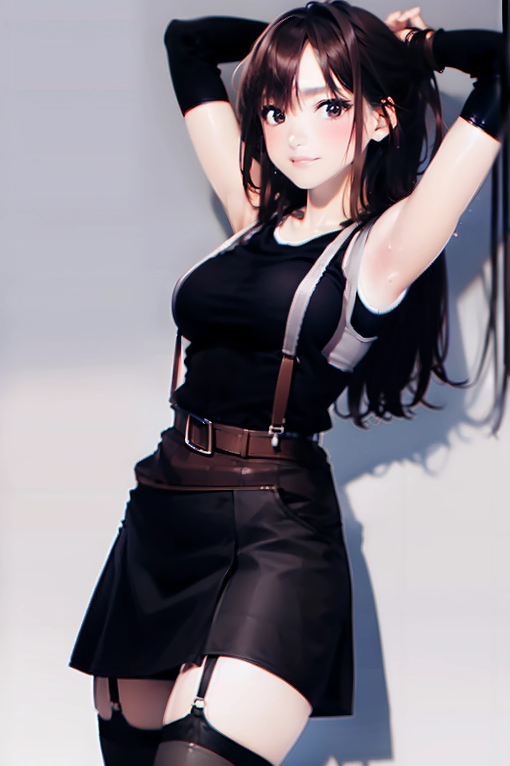 Black skirt, Tank Tops suspenders, Brown hair Gray eyes, Garter belt on the legs, Tight clothes, a belt Armpit sweat deadpan large full breasts