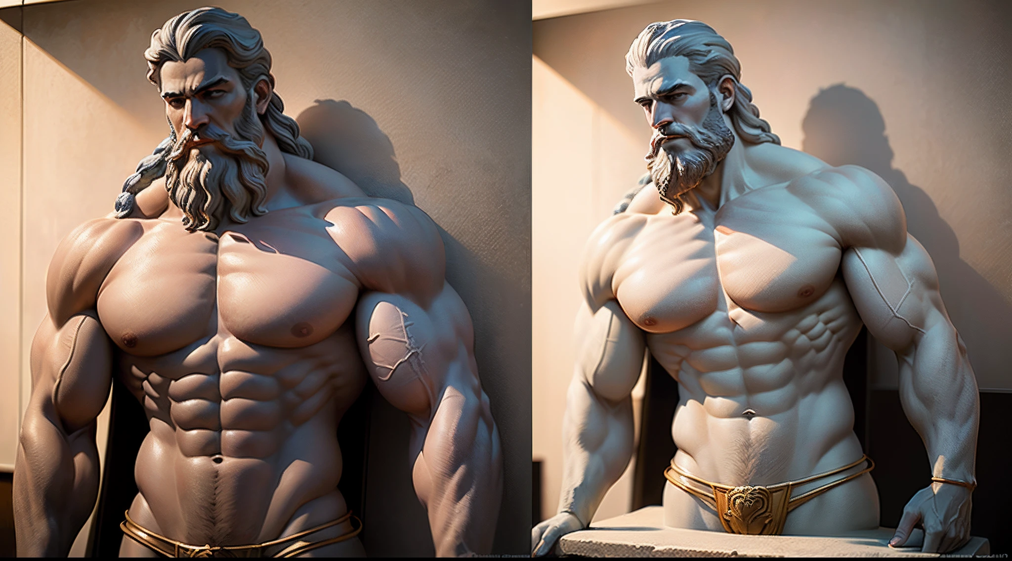 Greek statues man bodybuilder of ultra realistic marble and with long beard grayish colored marble statue