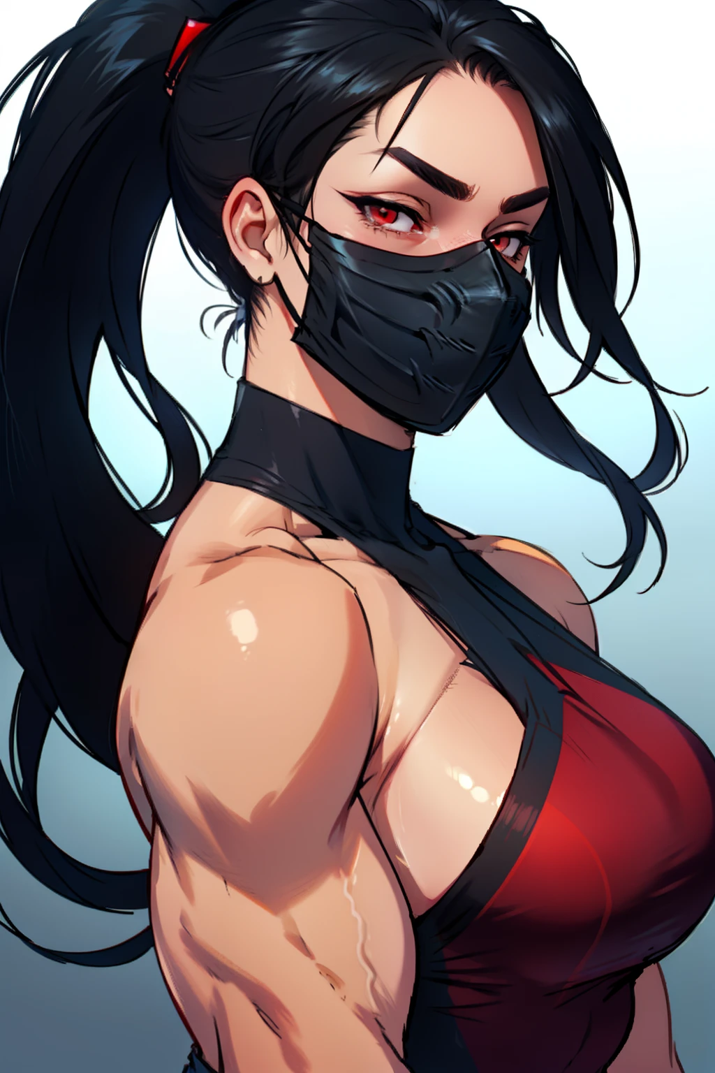 1 girl, ((muscular)), ponytail, toned body, black hair, red eyes, (mask), perky breasts, long hair, close up