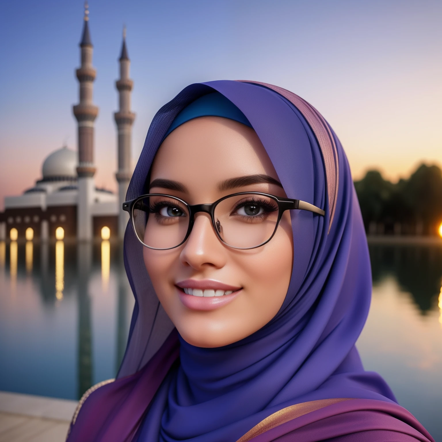 ultra realistic,16k, enhanced quality, perfect face, perfect hands, perfect body, ultra detailed,1girl, perfect hair, girl wearing glasses, perfect glasses, perfect smile, ultra realistic, ultra realistic background, ultra realistic sunset, ultra realistic clouds, Infront of a mosque, different poses, looking at view, ultra realistic glowing butterfly, girl wearing perfect hijab, ultra realistic particles, perfect duck lips, Islamic hijab.