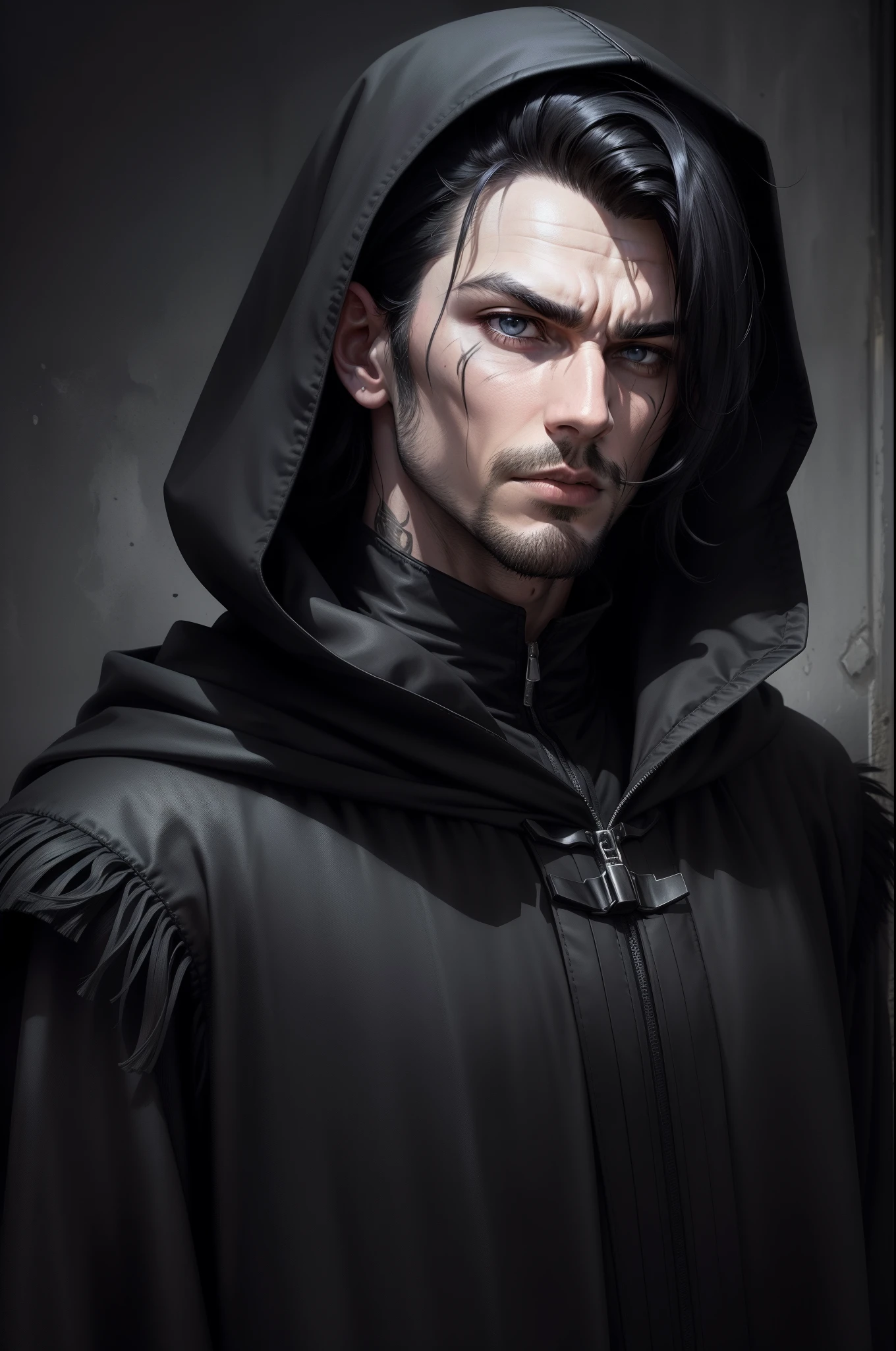 Close-up portrait of a mysterious man wearing a black hood with velvet trim. He has piercing, shaded black eyes, with a vertical scar going down over his right eye. face, partially obscured by the hood's shadow, with dramatic light illuminating his nose and mouth. He has a 3-day stubble with black hair and gray hairs. A lock of black hair falls over his face. He wears a serious and intense expression. The focus is sharp on the character's eyes. This portrait has a dark and mysterious atmosphere.