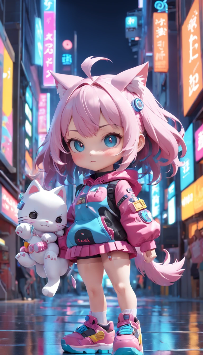 (Full body posing:1.5), (colorful:1.2), (extremely detailed CG unity 16k wallpaper:1.1), (Denoising strength: 1.45), (tmasterpiece:1.37), There is a cute girl playing with a big cute cat, 3d toy, cyberpunk style, chibi, simple background, 3D MODEL, TOYS, VIVID COLORS, STREET STYLE, HIGH RESOLUTION, A LOT OF DETAILS, CANDY COLORS, BIG SHOES, FASHION TRENDS, 3d rendering, ip, c4d, blender, PIXAR, god rays, sparkle, glowing light, best quality, UHD, award winning