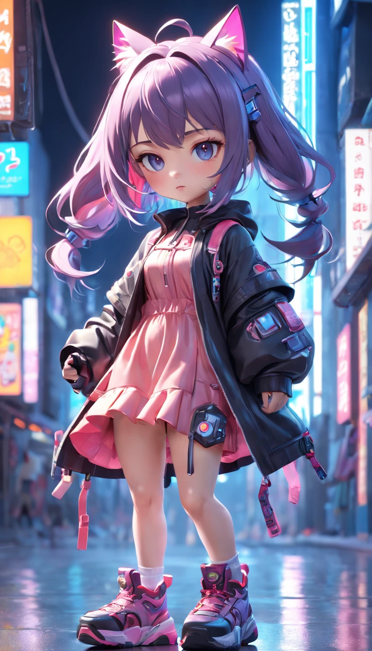 (Full body posing:1.5), (colorful:1.2), (extremely detailed CG unity 16k wallpaper:1.1), (Denoising strength: 1.45), (tmasterpiece:1.37), There is a cute girl playing with a big cute cat, 3d toy, cyberpunk style, chibi, simple background, 3D MODEL, TOYS, VIVID COLORS, STREET STYLE, HIGH RESOLUTION, A LOT OF DETAILS, CANDY COLORS, BIG SHOES, FASHION TRENDS, 3d rendering, ip, c4d, blender, PIXAR, god rays, sparkle, glowing light, best quality, UHD, award winning