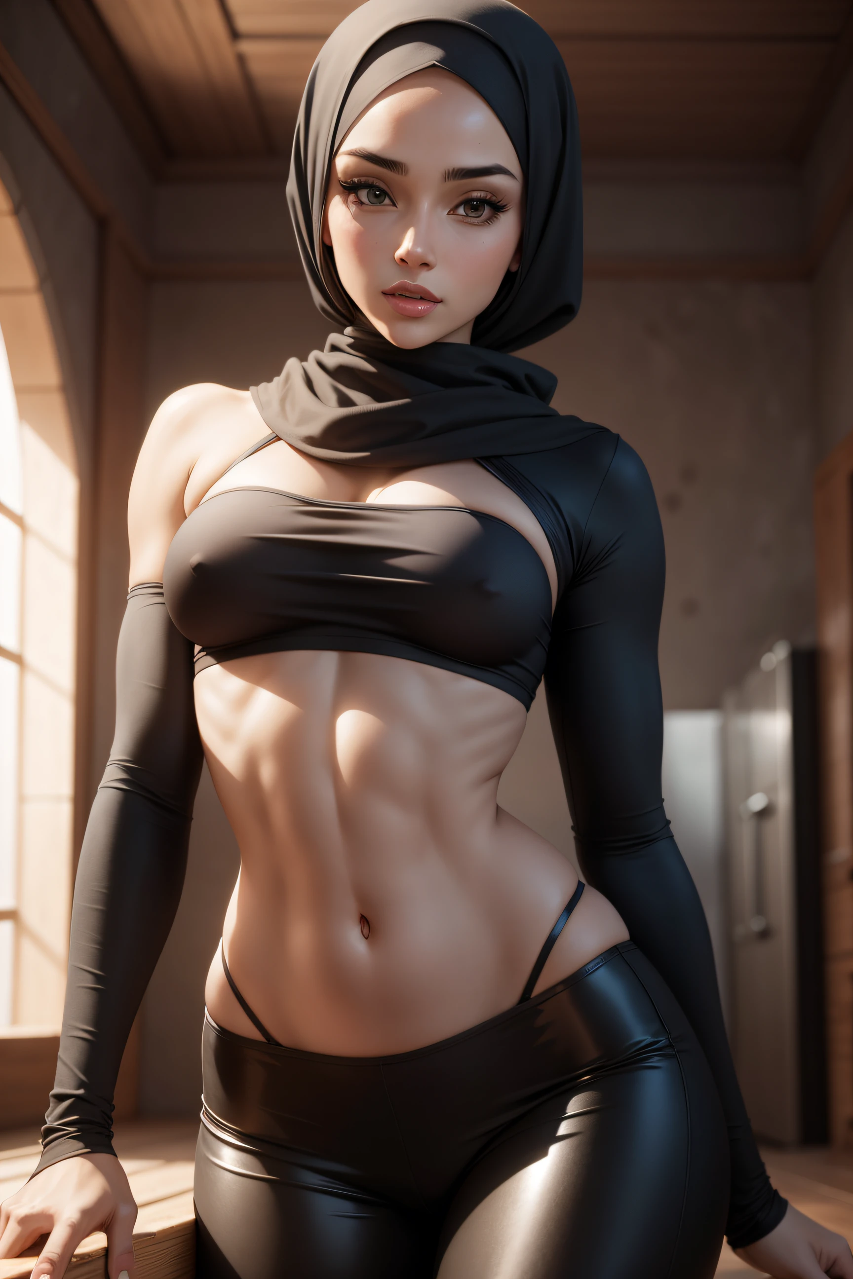 l attractive lady with hijab in crop top with perfect body ,