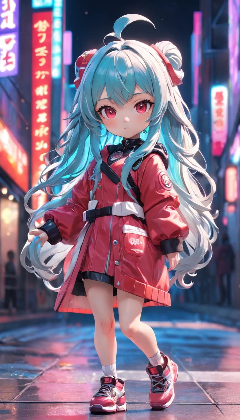 (Full body posing:1.5), (colorful:1.2), (extremely detailed CG unity 16k wallpaper:1.1), (Denoising strength: 1.45), (tmasterpiece:1.37), Loli chibi style doll, She must have long curly hair in Christmas tones. Your eyes should be big and bright, 3d toy, cyberpunk style, chibi, simple background, 3D MODEL, TOYS, VIVID COLORS, STREET STYLE, HIGH RESOLUTION, A LOT OF DETAILS, CANDY COLORS, BIG SHOES, FASHION TRENDS, 3d rendering, ip, c4d, blender, PIXAR, god rays, sparkle, glowing light, best quality, UHD, award winning