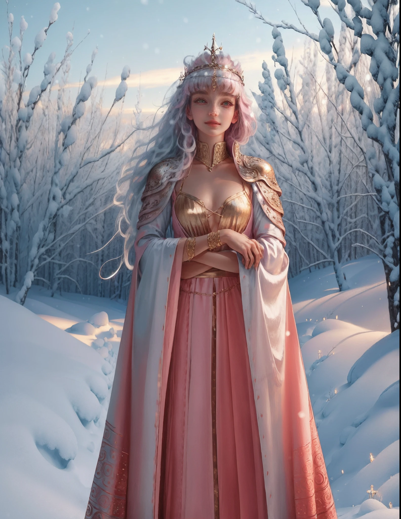 Masterpiece, Best quality, 16k, 1girll, Solo, Long hair, Light hair, Wavy hair, Platinum hair, Hair bangs, Petite, (Small breasts:1.1), Rating:safe, Pink eyes, hair between eye, Evil smile, Wearing Peplos, Ancient Greek costumes, Gold bracelets, arms back behind, Head tilt, Evil Queen, royalti, Goddess, Majestic, winter, Winter forest, Face only, Upper body，（（（chest baring）)）