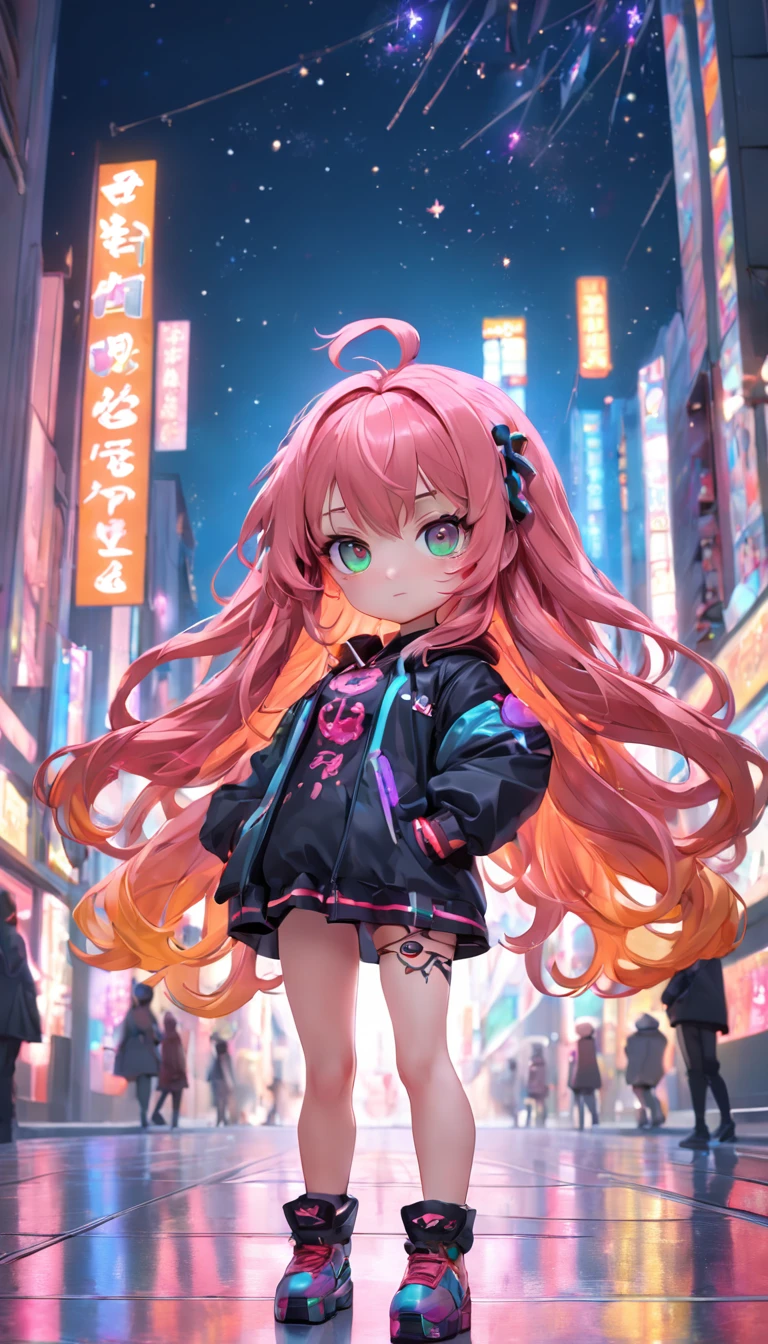 (Full body posing:1.5), (colorful:1.2), (extremely detailed CG unity 16k wallpaper:1.1), (Denoising strength: 1.45), (tmasterpiece:1.37), Loli chibi style doll, She must have long curly hair in Christmas tones. Your eyes should be big and bright, 3d toy, cyberpunk style, chibi, simple background, 3D MODEL, TOYS, VIVID COLORS, STREET STYLE, HIGH RESOLUTION, A LOT OF DETAILS, CANDY COLORS, BIG SHOES, FASHION TRENDS, 3d rendering, ip, c4d, blender, PIXAR, god rays, sparkle, glowing light, best quality, UHD, award winning