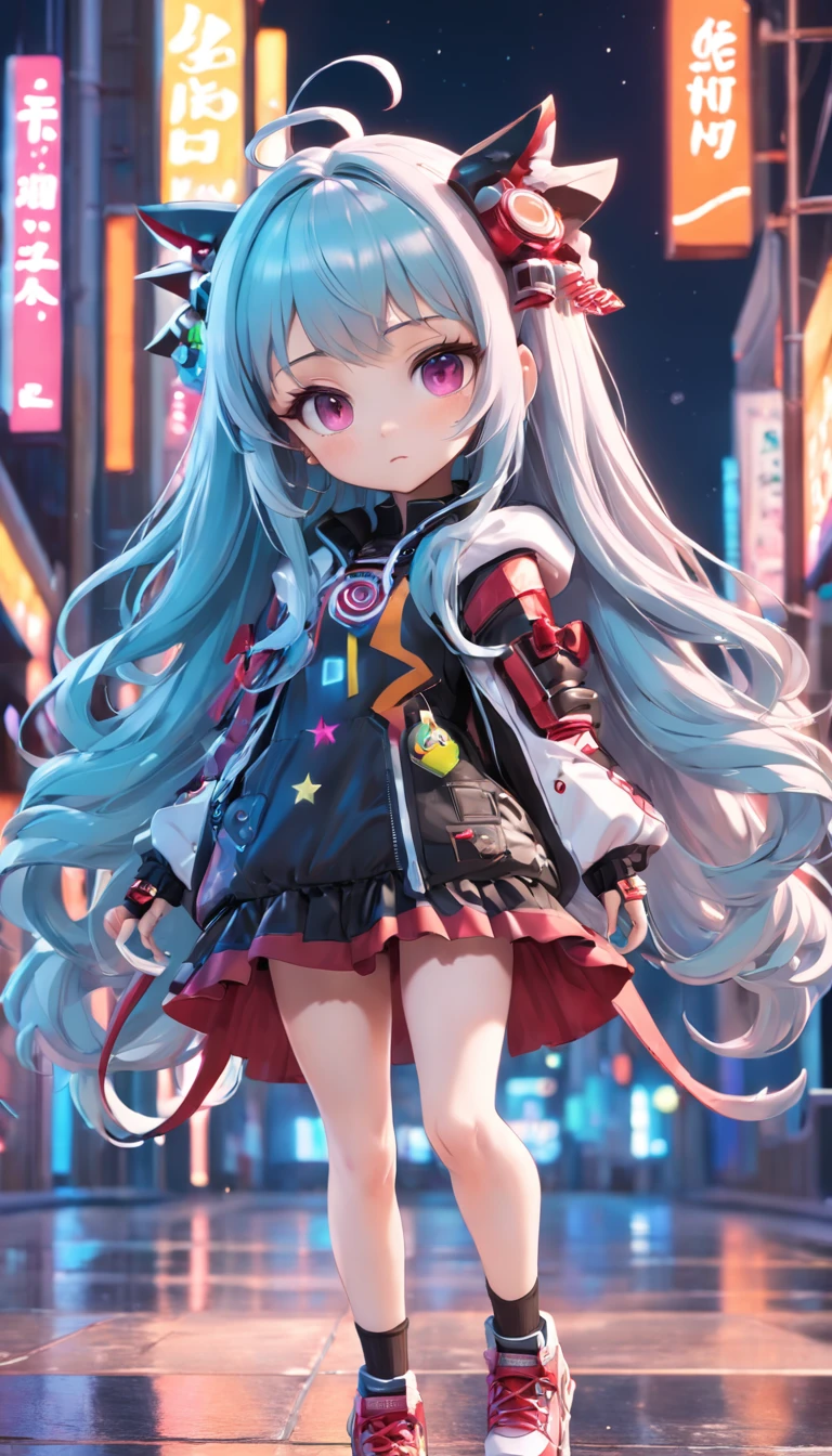 (Full body posing:1.5), (colorful:1.2), (extremely detailed CG unity 16k wallpaper:1.1), (Denoising strength: 1.45), (tmasterpiece:1.37), Loli chibi style doll, She must have long curly hair in Christmas tones. Your eyes should be big and bright, 3d toy, cyberpunk style, chibi, simple background, 3D MODEL, TOYS, VIVID COLORS, STREET STYLE, HIGH RESOLUTION, A LOT OF DETAILS, CANDY COLORS, BIG SHOES, FASHION TRENDS, 3d rendering, ip, c4d, blender, PIXAR, god rays, sparkle, glowing light, best quality, UHD, award winning