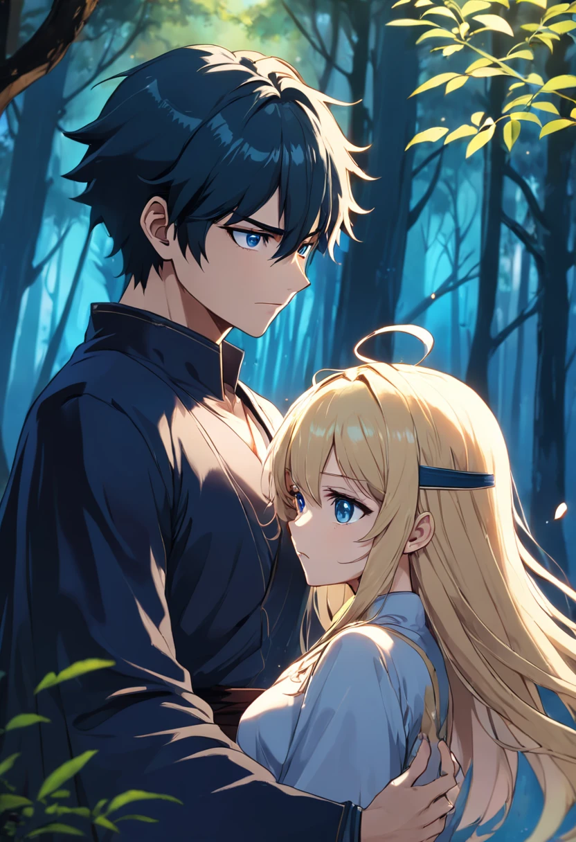 um homem e uma mulher. uma sacerdotisa e um feiticeiro com cabelos curtos. uma floresta misteriosa. renderizações hiperdetalhadas, estilo anime, 8k, olhos detalhados, olhos perfeitos, epic, dramatic, genial, corpo inteiro, design e detalhes intrincados, lighting dramatic, 8k, rosto detalhado