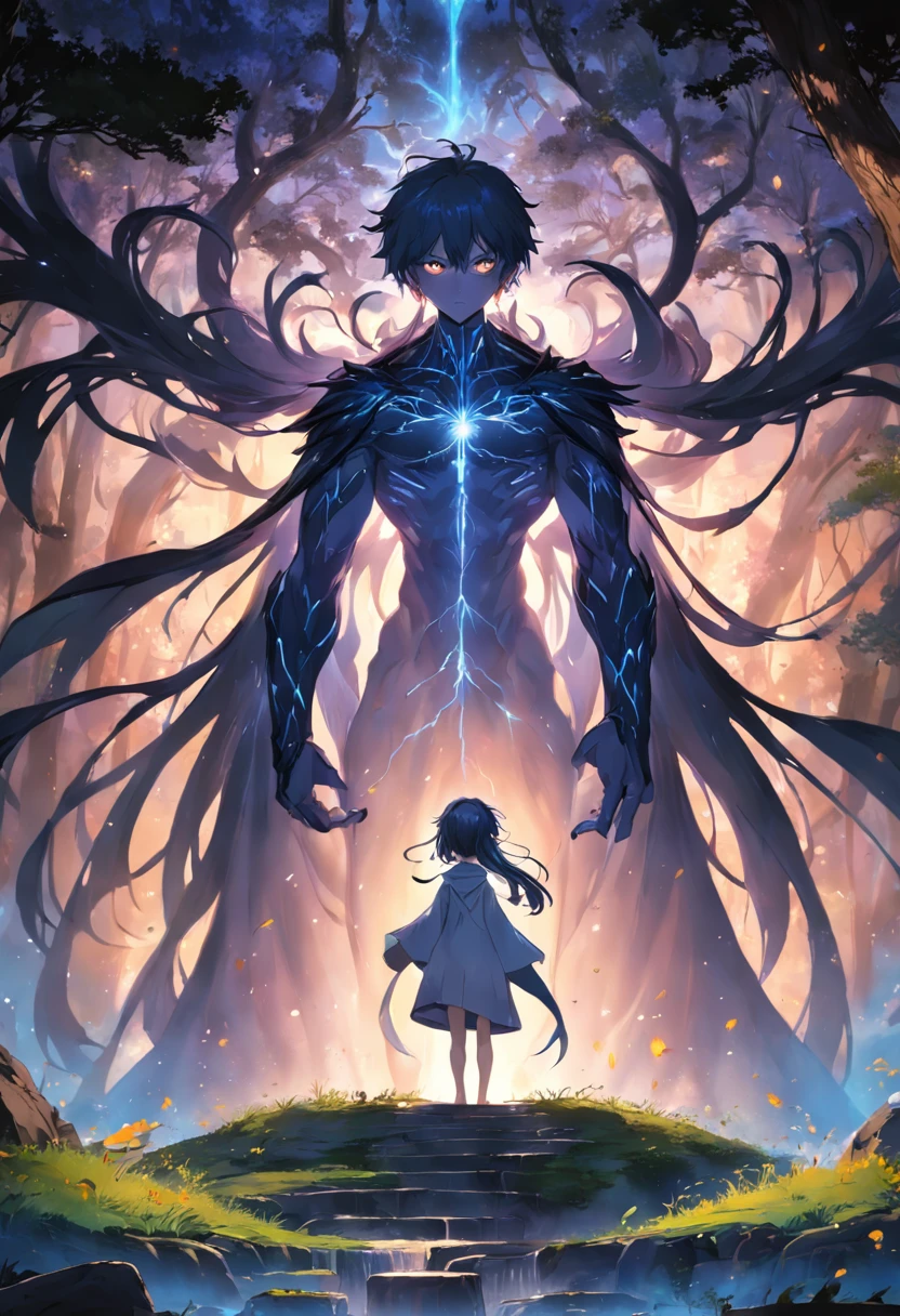 um homem e uma mulher. uma sacerdotisa e um feiticeiro com cabelos curtos. uma floresta misteriosa. renderizações hiperdetalhadas, estilo anime, 8k, olhos detalhados, olhos perfeitos, epic, dramatic, genial, corpo inteiro, design e detalhes intrincados, lighting dramatic, 8k, rosto detalhado