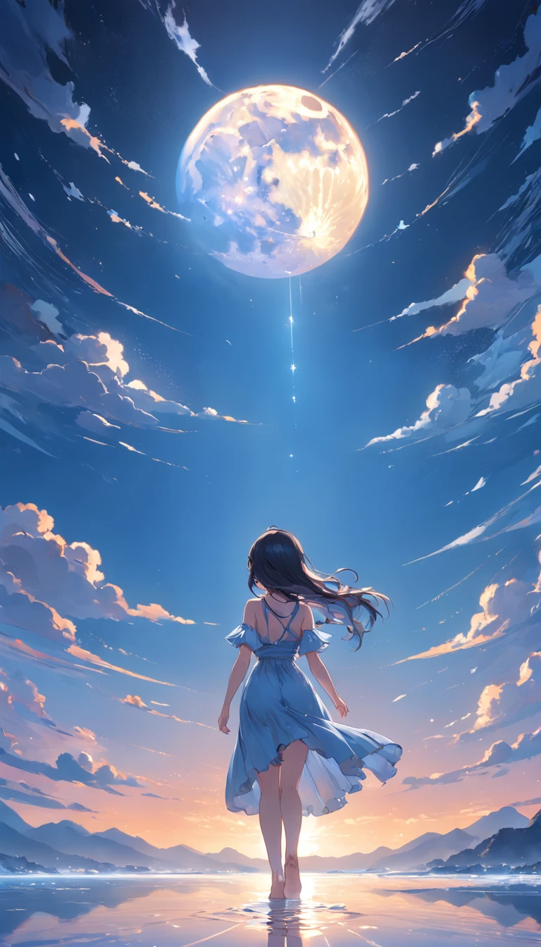 (Full body posing:1.5), (colorful:1.2), (extremely detailed CG unity 16k wallpaper:1.1), (Denoising strength: 1.45), (tmasterpiece:1.37), (wallpaper), (best illuminate, best shadow), (best illustration), dynamic angle, (+++a girl+++) is walking in front of a delicate and beautiful moon-blue sky, solo, (Backlight), mid shot, (the beautiful and delicate girl:1.3), beautiful bare back, (detailed face:1.2), (long floating hair:1.2), (beautiful long dress:1.2), floating dress, the girl (walking) on surface of the water, Beautiful and delicate violet light water surface, reflective water surface, High saturation blue clouds and (stars sky) in the background, cold color, from side, god rays, sparkle, glowing light, (masterpiece), (best quality), UHD, award winning