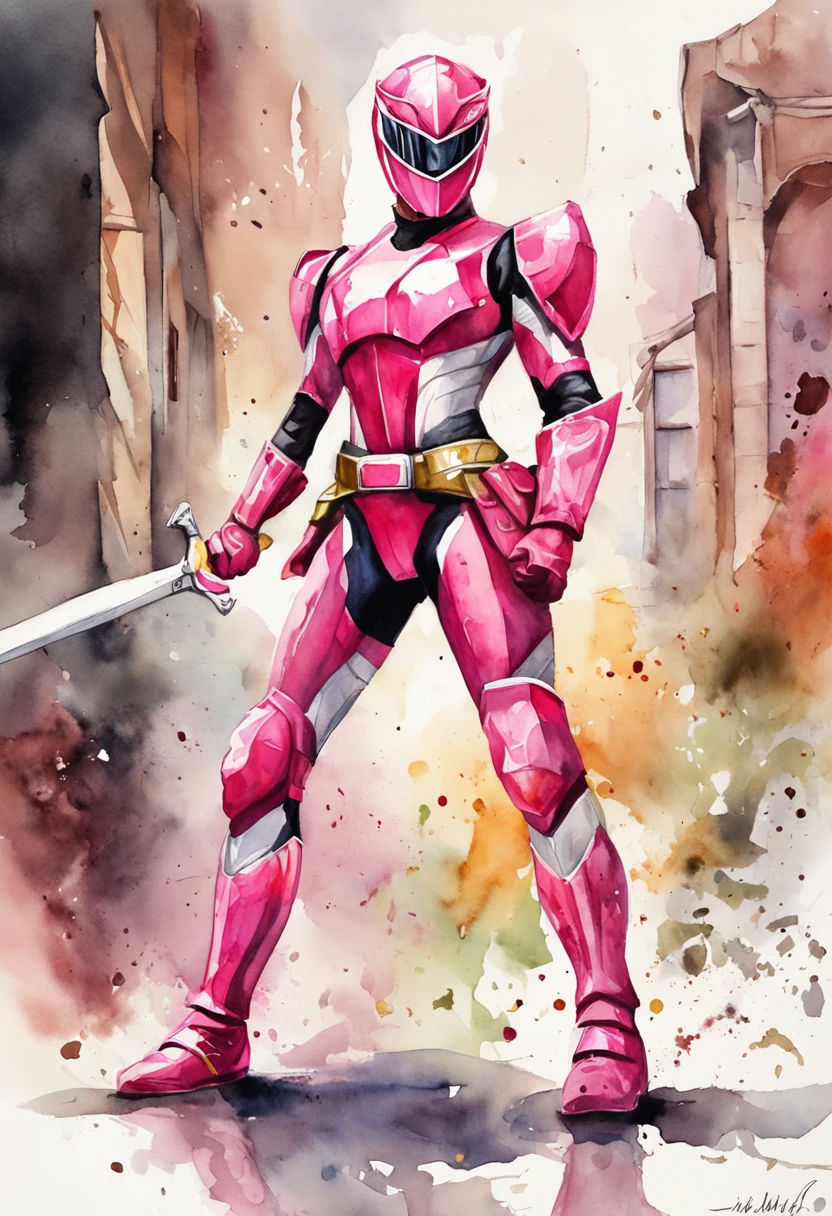 1female, pink Ranger, pink armour, pink Power Ranger, golden stripes, ultra HD, photorealism