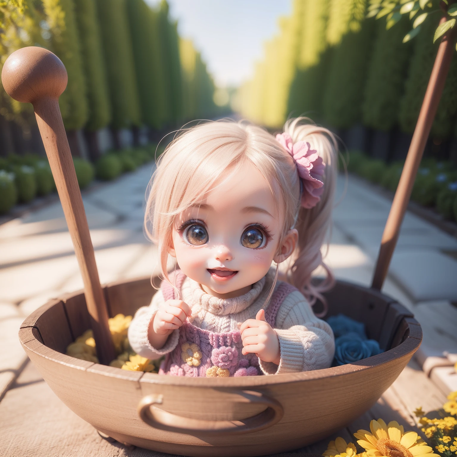 Cute Baby Chibi Anime、(((Chibi 3D))) (Best Quality), (masutepiece)、Beige knitting(Side Ponytail:1.3) 、Knitted flower hair、Pink high neck fluffy knitwear、Tux Cart、Laced boots、Flower garden in fairytale forest、Chibi Model、Open your mouth and smile