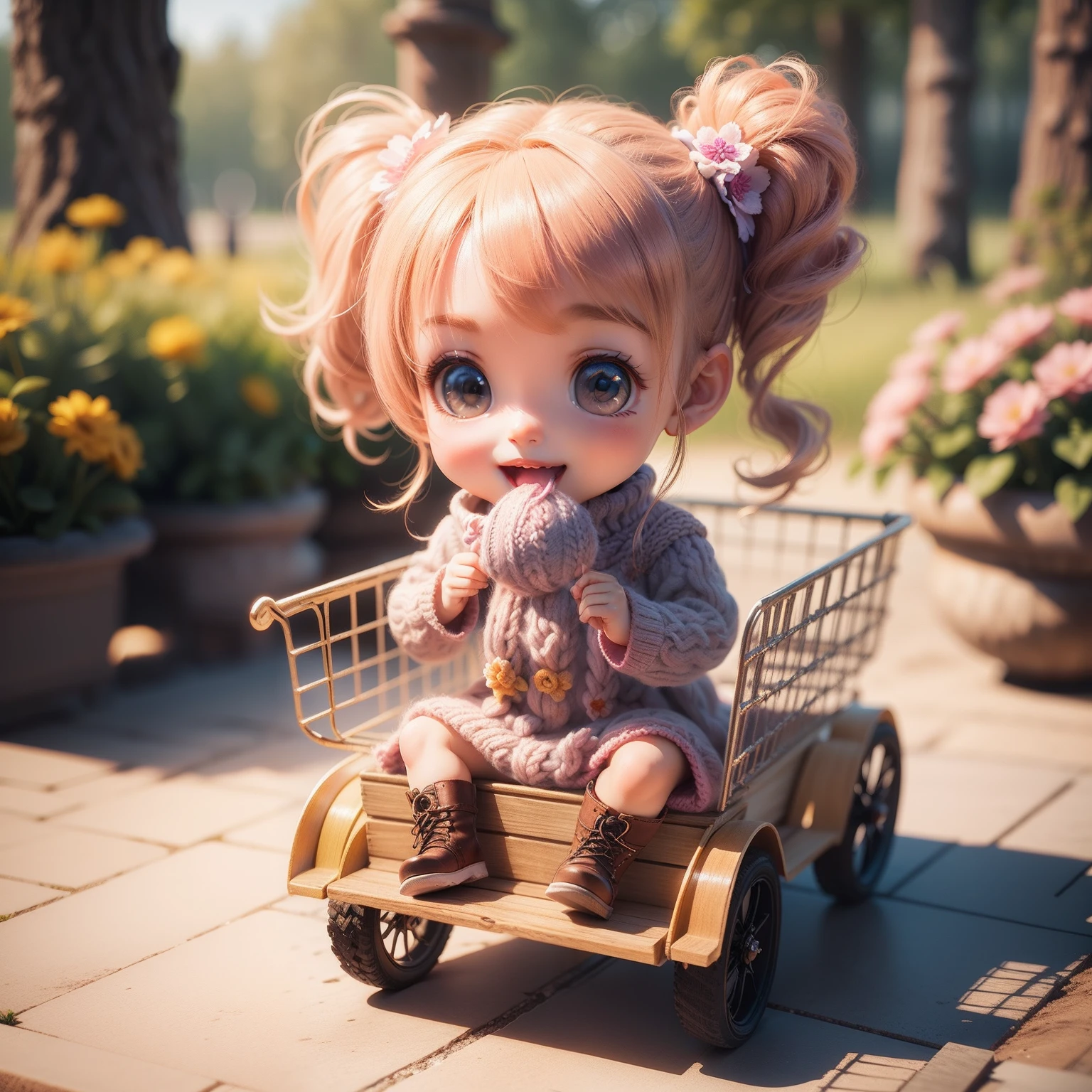 Cute Baby Chibi Anime、(((Chibi 3D))) (Best Quality), (masutepiece)、Beige braided(side ponytail:1.3) 、Knitted flower hair、Pink high neck fluffy knitwear、Tux Cart、Laced boots、Flower garden in fairytale forest、Chibi Model、Open your mouth and smile