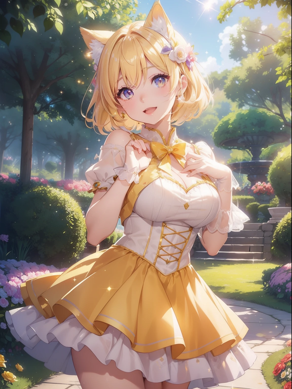 masutepiece, High resolution, 8K, anime woman, Delicate and detailed writing 、Detailed digital illustration、Short hair、perm、Shiny hair、Bangs、a very beautiful woman、Eyes are double, Large, Bust is D cup、High image quality, High quality、Detailed background、(((Wearing idol clothes)))、((Under a very sunny sky、Background of the flower garden))、The inside of the eye shines like a diamond、Light yellow hair、Gradient pupil、(((2 arms、4 fingers, 1 thumb)))、Detailed female face、Very beautiful and cute woman、、细致背景、​masterpiece、Soft Focus , Bright gradient watercolor , Lens Flare , (((Glitter))) , Glow , Dreamy , Gingham check miniskirt、Idol、Yellow Ribbon、Very beautiful yellow rose hair accessories、Yellow and gold costume with white as the main color、((Straight at the angle of the front))、Glitter Cat Ear Headband、Opens mouth and laughs、Hand waving pose