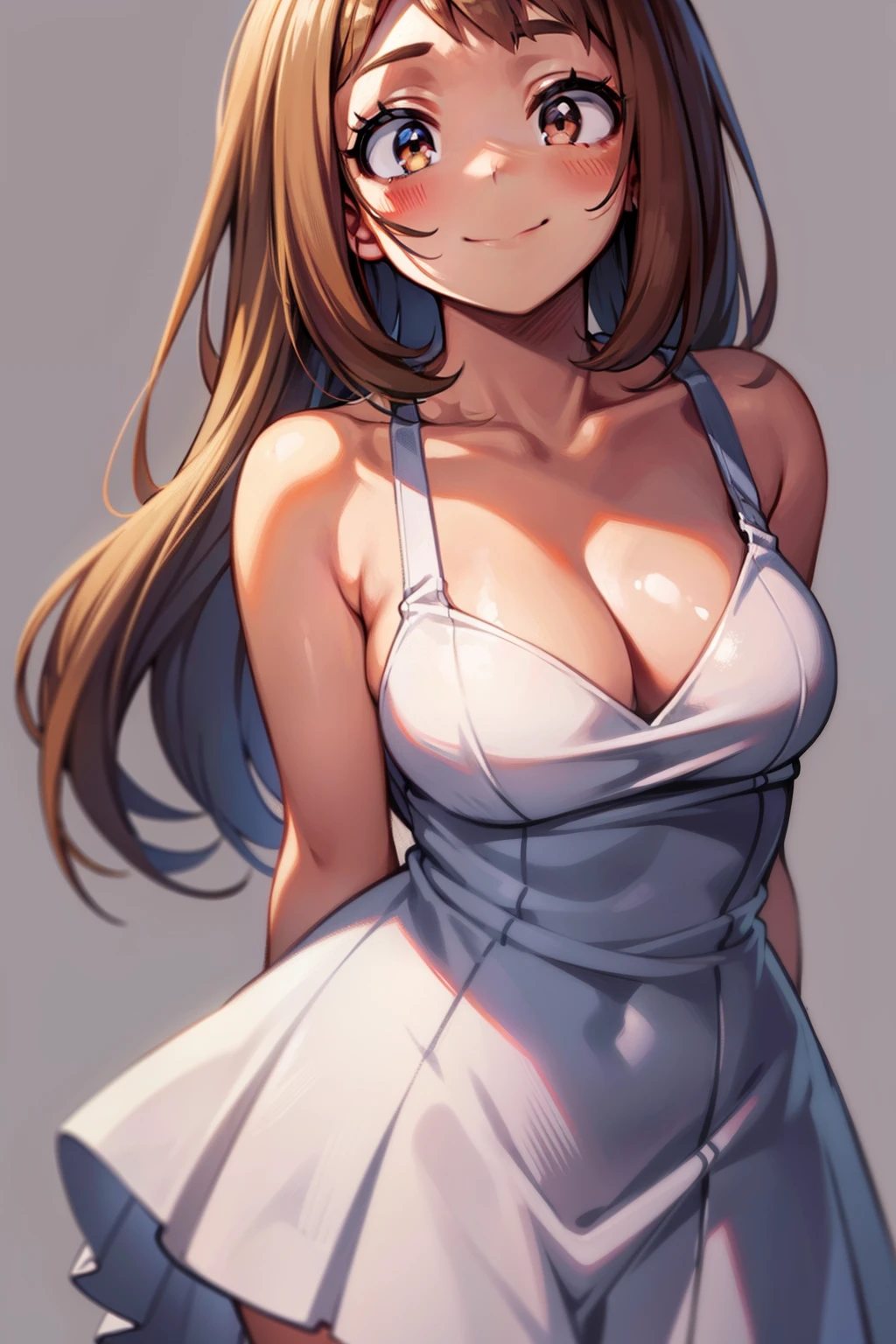 Ochako, 1girl, breasts, solo, smile, dress, looking at viewer, cleavage, blush, bare shoulders, arms behind back, white dress, grey background, sidelocks, sleeveless dress, medium breasts, sleeveless, closed mouth, bangs, simple background, collarbone, leaning forward