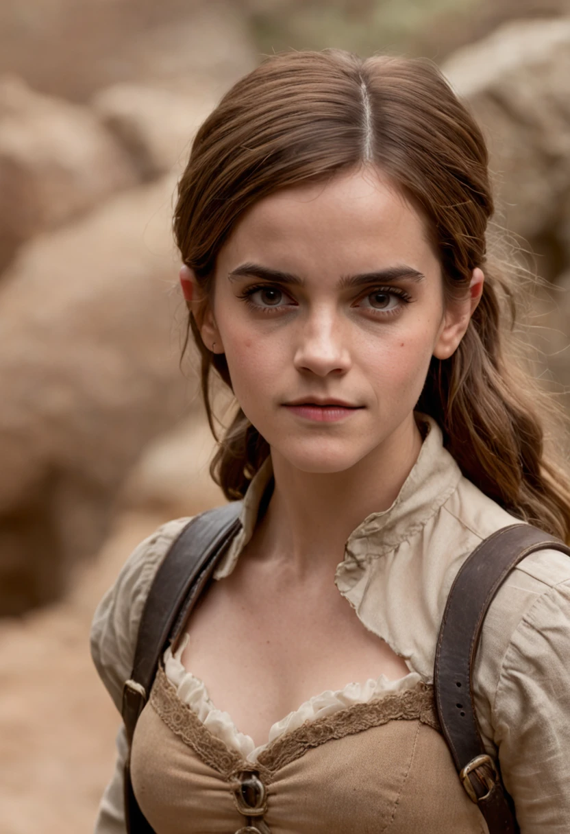 Atriz Emma Watson como uma mulher das cavernas, carrying a club with rock formations in the background