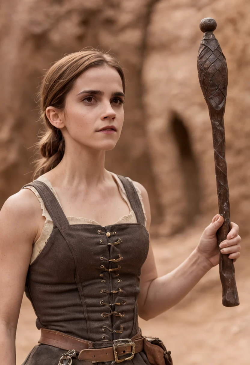 Atriz Emma Watson como uma mulher das cavernas, carrying a club with rock formations in the background