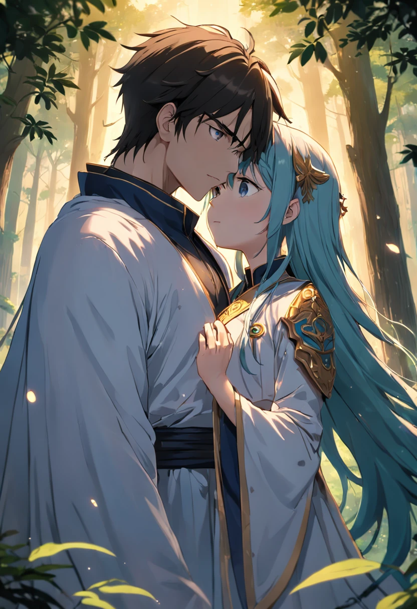 um homem e uma mulher. uma sacerdotisa e um feiticeiro. uma floresta misteriosa. renderizações hiperdetalhadas, estilo anime, 8k, olhos detalhados, olhos perfeitos, epic, dramatic, genial, corpo inteiro, design e detalhes intrincados, lighting dramatic, 8k, rosto detalhado