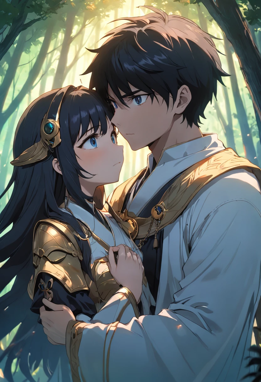 um homem e uma mulher. uma sacerdotisa e um feiticeiro. uma floresta misteriosa. renderizações hiperdetalhadas, estilo anime, 8k, olhos detalhados, olhos perfeitos, epic, dramatic, genial, corpo inteiro, design e detalhes intrincados, lighting dramatic, 8k, rosto detalhado