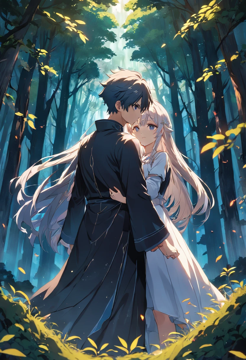 um homem e uma mulher. uma sacerdotisa e um feiticeiro. uma floresta misteriosa. renderizações hiperdetalhadas, estilo anime, 8k, olhos detalhados, olhos perfeitos, epic, dramatic, genial, corpo inteiro, design e detalhes intrincados, lighting dramatic, 8k, rosto detalhado