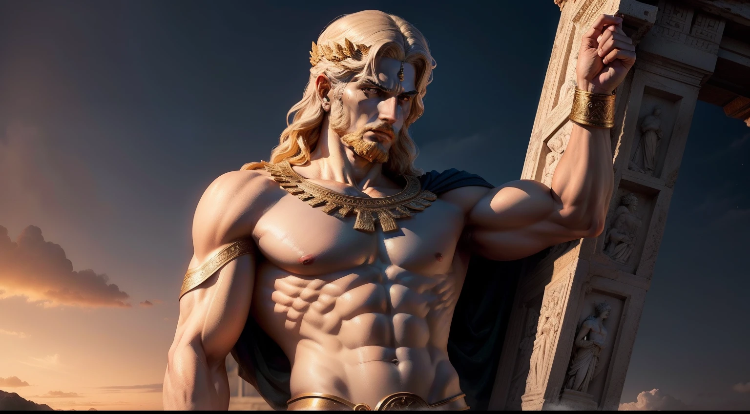 A Greek god stand in powerful thinking in the style of old Greek art