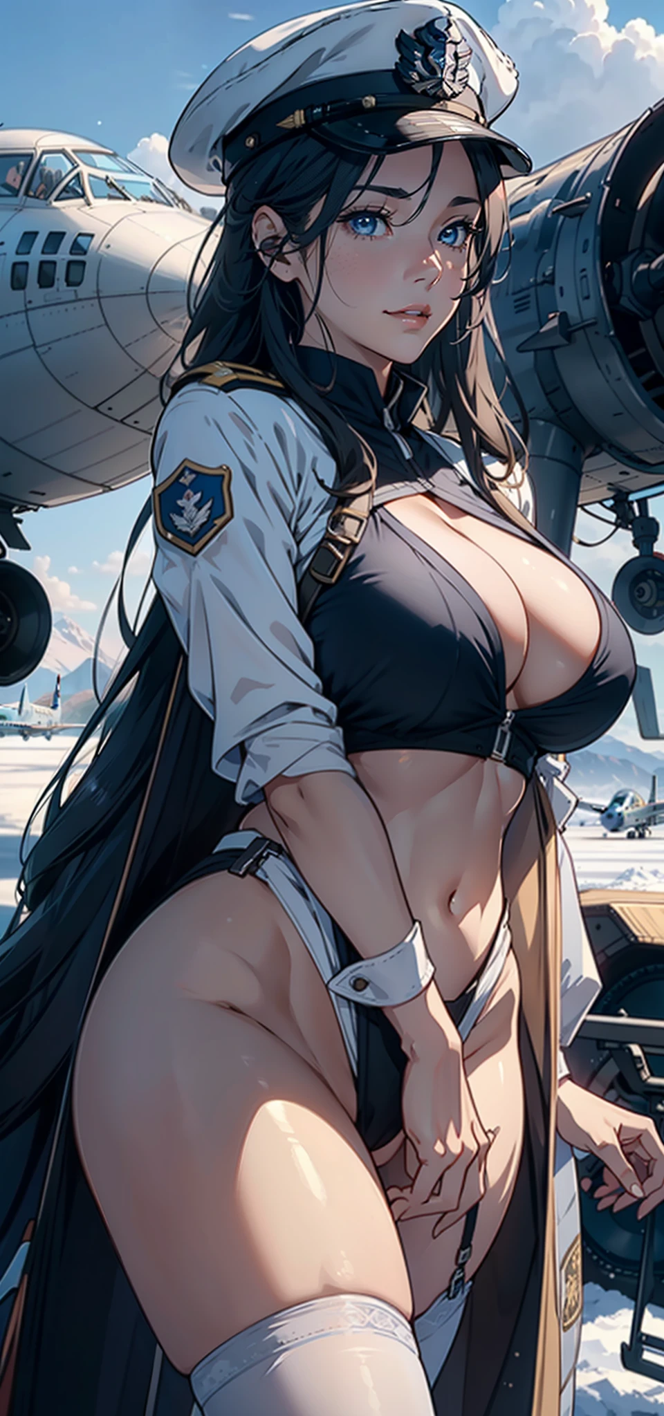 1female，35yo，A MILF，mature，plumw，extremely large bosom， 独奏，（Background with：aerodrome，Planes，snow mountains，at winter season，Snow on the ground，exteriors，） She has long black hair，Stand on the plane，，seen from the front， hair straight， mostly cloudy sky，（（（tmasterpiece），（Very detailed CG unity 8K wallpaper），best qualtiy，cinmatic lighting，detailed back ground，beatiful detailed eyes，Bright pupils，Blue eyes，（Very fine and beautiful），（Beautiful and detailed eye description），ultra - detailed，tmasterpiece，）），facing at camera，A high resolution，ultra - detailed），revealing breasts，Bare genitalia，  Bulge，legs are open，Raised sexy，Camel toes，Flushed complexion，Smile，Desire for dissatisfaction，frontage，us airforce，Officer's cap（Wearing：White transparent officer uniform）