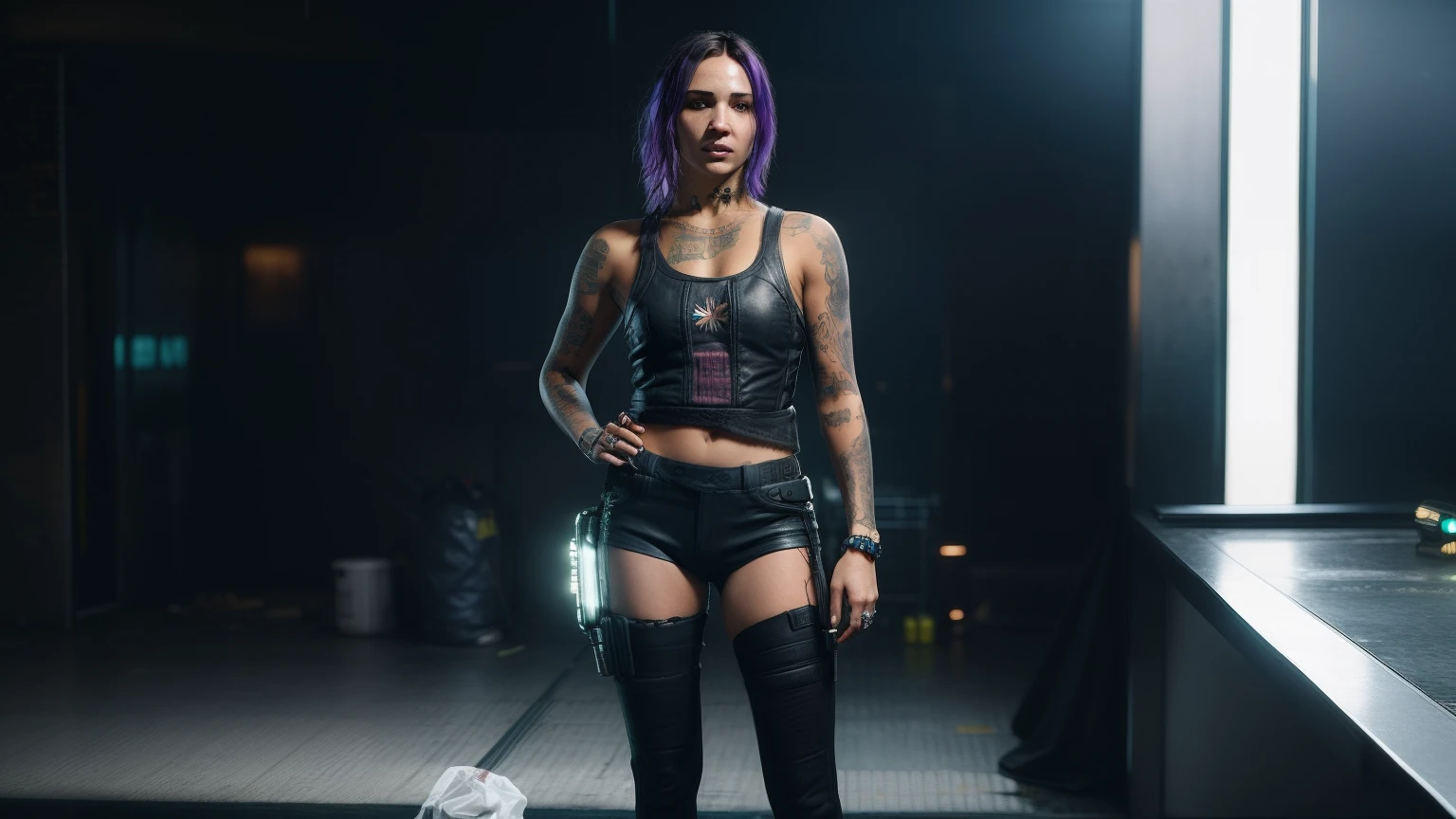 There is a woman with tattoos standing in a room, Cyberpunk 2 0 e. o modelo menina, roupa estilo cyberpunk, modelo bonito da mulher cyberpunk, roupa cyberpunk, cyberpunk zangada deusa linda, no estilo cyberpunk, Fantasia sombria cyberpunk sedutora, cyberpunk menina bonita, Garota cyberpunk, personagem cyberpunk, estilo cyberpunk hiper-realista, O retrato da menina cyberpunk, estilo de cyberpunk 2 0 7 7