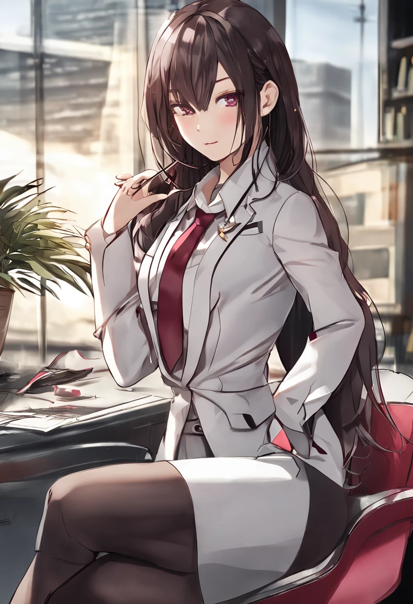 8k smooth,(Wear pantyhose),in a white shirt、Business suit,tear-mole,long hair with maroon、Fresh green eyes、black eyeshadows、Red lip makeup,sit on chair,background is office,(Normal hands and legs),A very sexy Chinese girl。