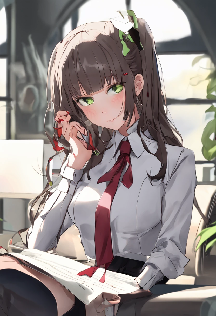 8k smooth，(Wear pantyhose)，in a white shirt、Business suit，tear-mole，long hair with maroon、Fresh green eyes、black eyeshadows、Red lip makeup，sit on chair，background is office，（Normal hands and legs），A very sexy Chinese girl。