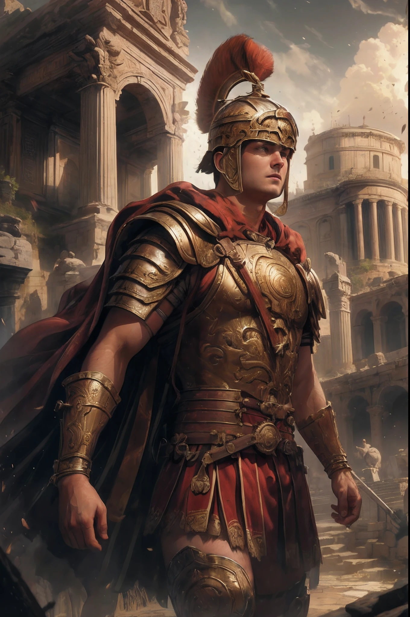 A man in Roman armor in front of a building, Graphic artist Magali Villeneuve, Estilo de arte de Marc Simonetti, Marc _ Simonetti, Magali Villeneuve», inspirado em Roman Bezpalkiv, Estilo de Marc Simonetti, Wojtek FUS, Marcos Simonetti. intrincado, Directed by: Roman Bezpalkiv