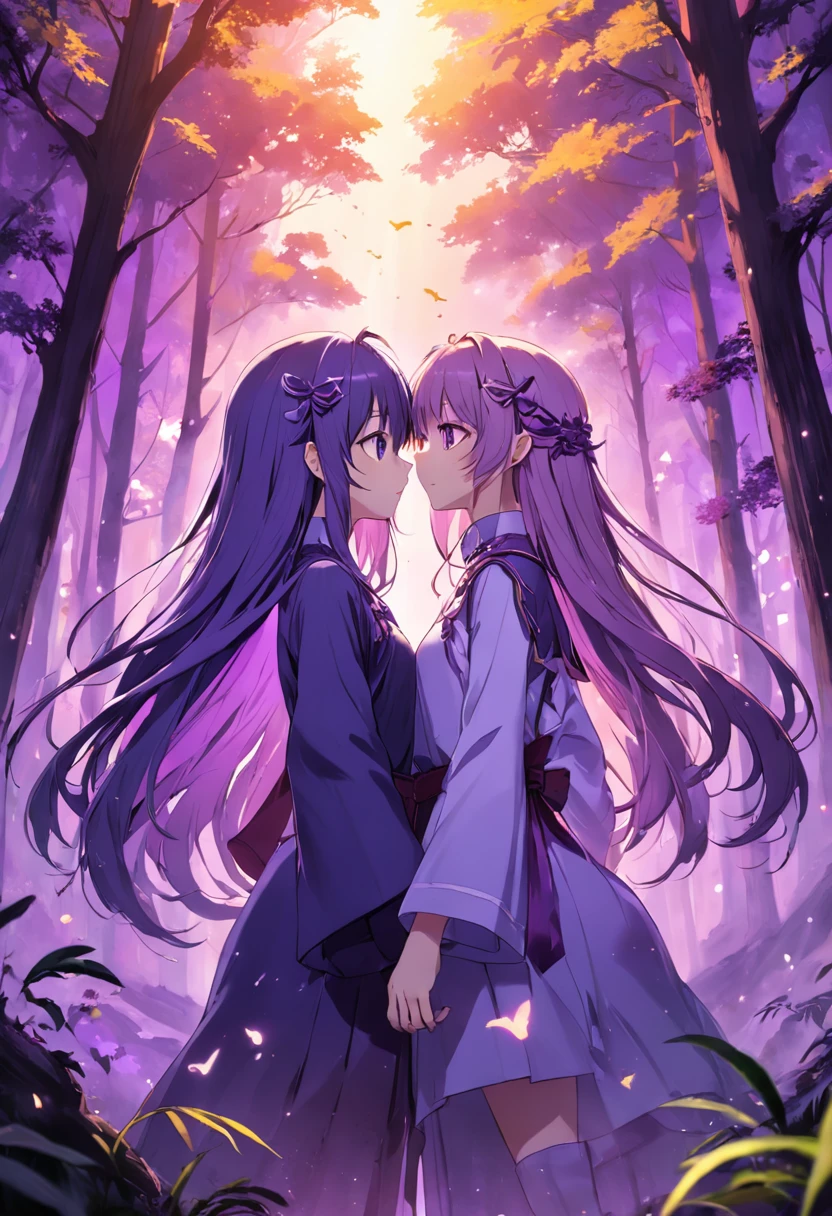 um homem e uma mulher. uma floresta misteriosa. renderizações hiperdetalhadas, estilo anime, estilo o anime Violet Evergardem, 8k, olhos detalhados, olhos perfeitos, epic, dramatic, genial, corpo inteiro, design e detalhes intrincados, lighting dramatic, 8k, rosto detalhado