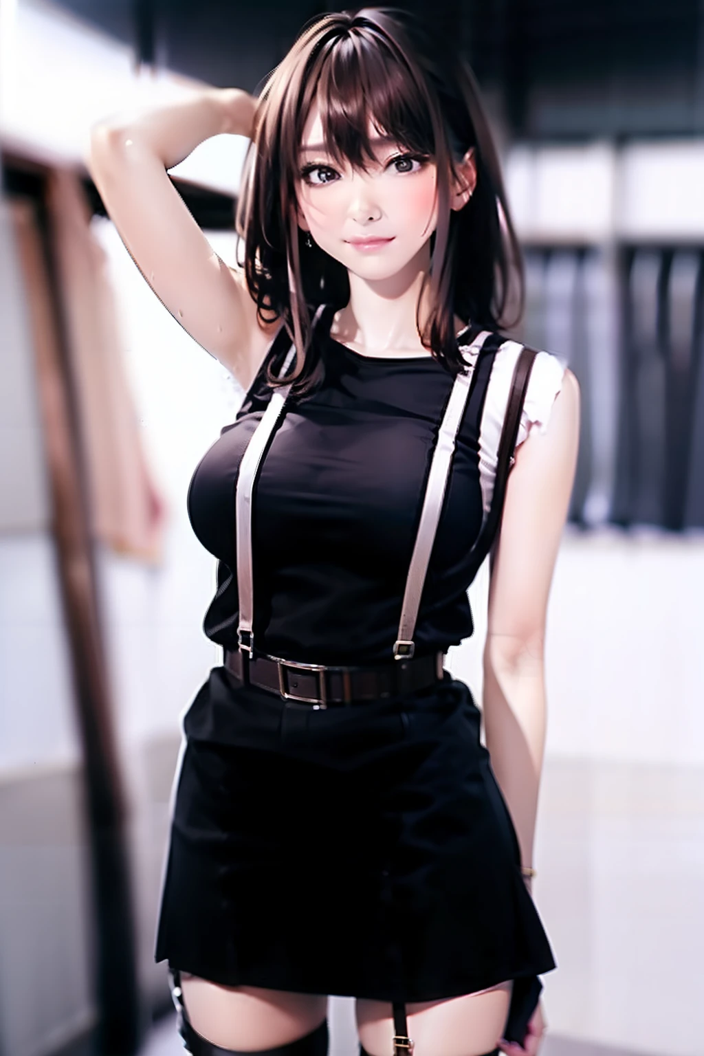 Black skirt, Tank Tops suspenders, Brown hair Gray eyes, Garter belt on the legs, Tight clothes, a belt Armpit sweat deadpan large full breasts