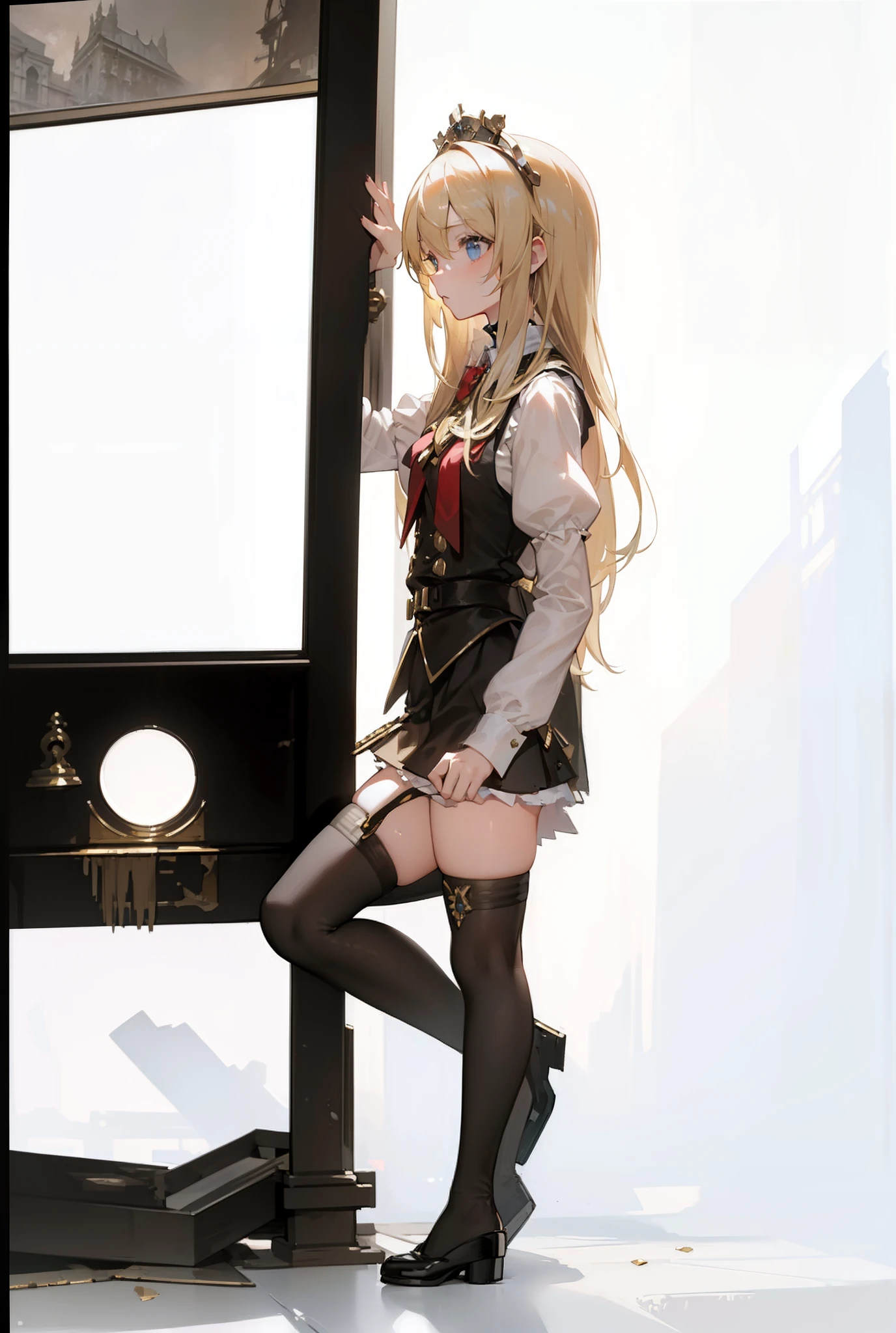 (masterpiece:1.5) (bestquality) highlydetailed ultra-detailed realistic (blonde hair) (long hair) (1girl) (photo) (medium) solo (thighhighs) (letterboxed) (guillotine)