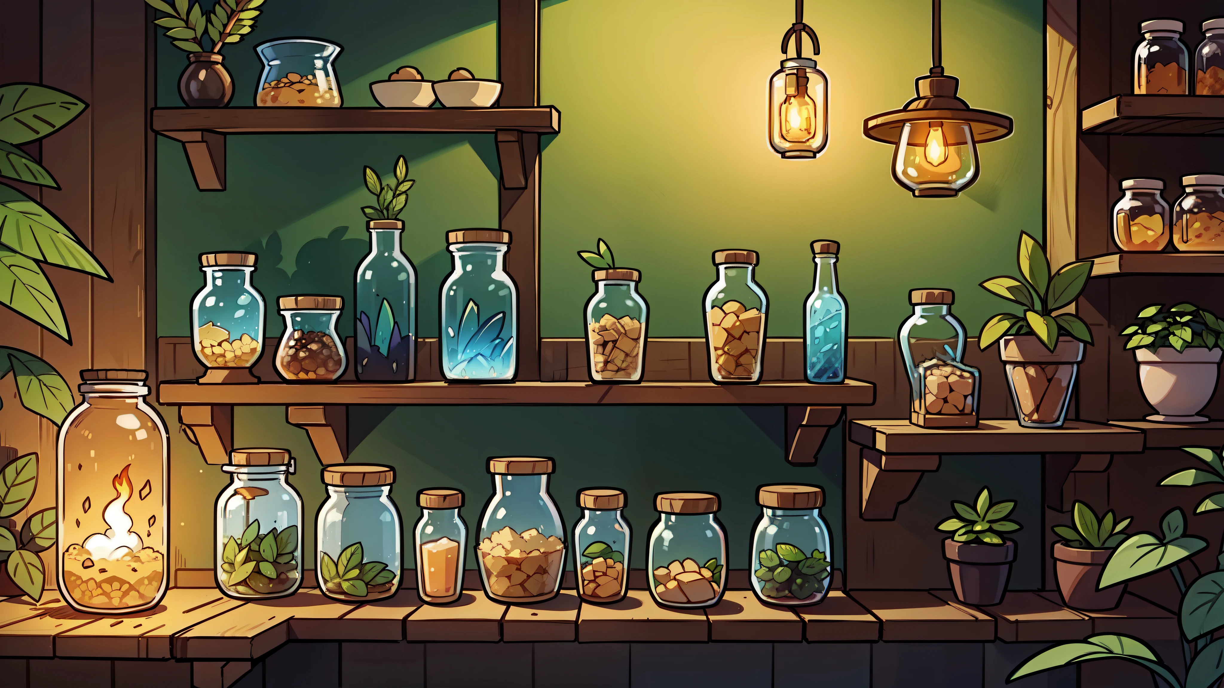 a wall of shelves with potions, plants, fireflies, bowls of colored grain, mason jars, 2d perspective