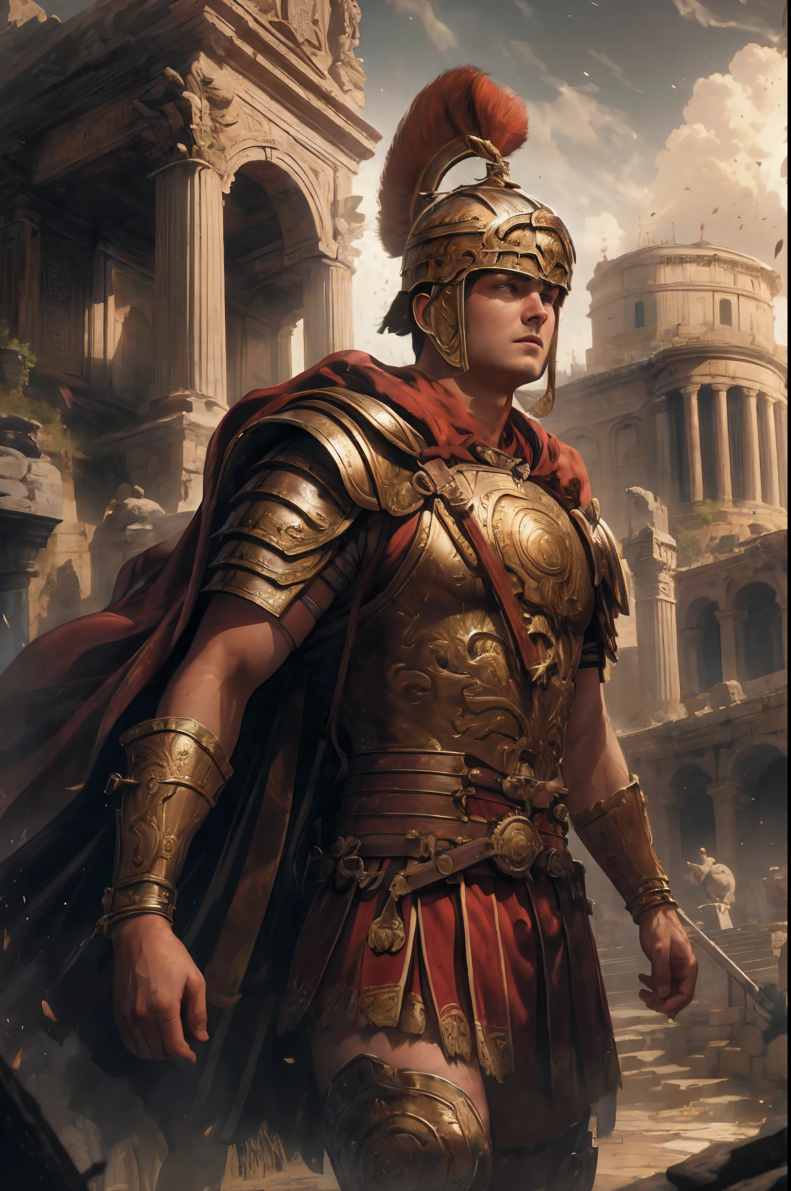 A man in Roman armor in front of a building, Graphic artist Magali Villeneuve, Estilo de arte de Marc Simonetti, Marc _ Simonetti, Magali Villeneuve», inspirado em Roman Bezpalkiv, Estilo de Marc Simonetti, Wojtek FUS, Marcos Simonetti. intrincado, Directed by: Roman Bezpalkiv