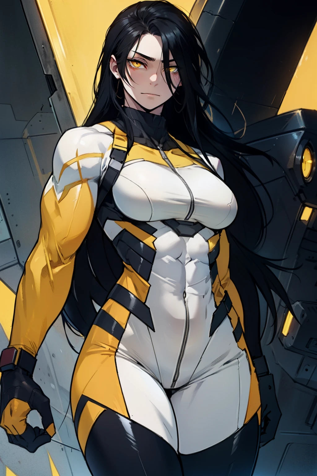 1 girl, black hair, yellow eyes, very long hair, pale skin, ((((extremely muscular)))), large breasts, (confident expression), pilot suit, curvy