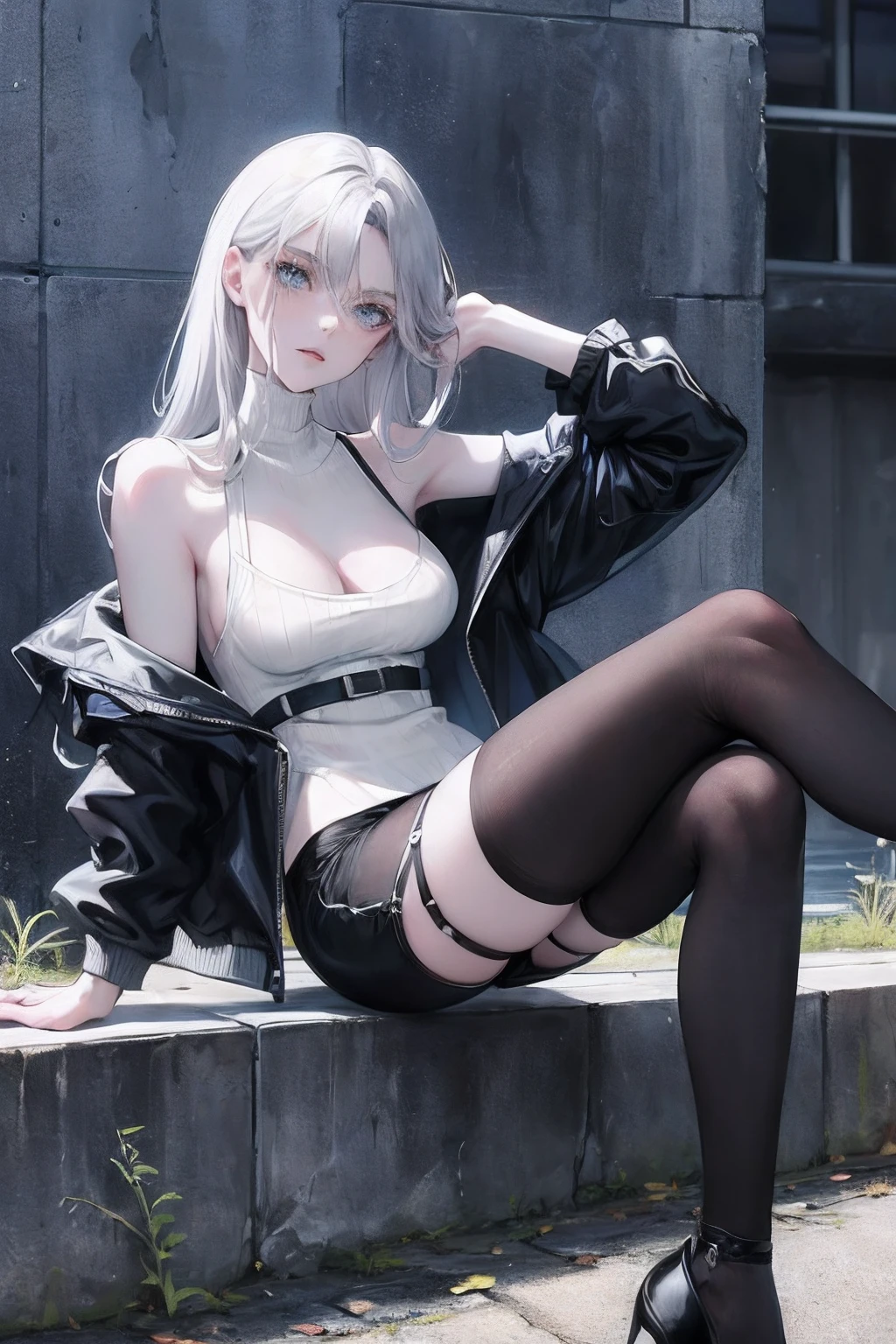 Official art, masterpiece, Sharp Focus, (Beautiful gorgeous woman:1.3), gray hair, long straght hair, blue eyes, bare shoulders, black down jacket, white sweater, black shorts, street fashion, pale skin, crossed legs, sitting against the wall, sexy facial expression, epic scenery, parted bangs, dynamic pose