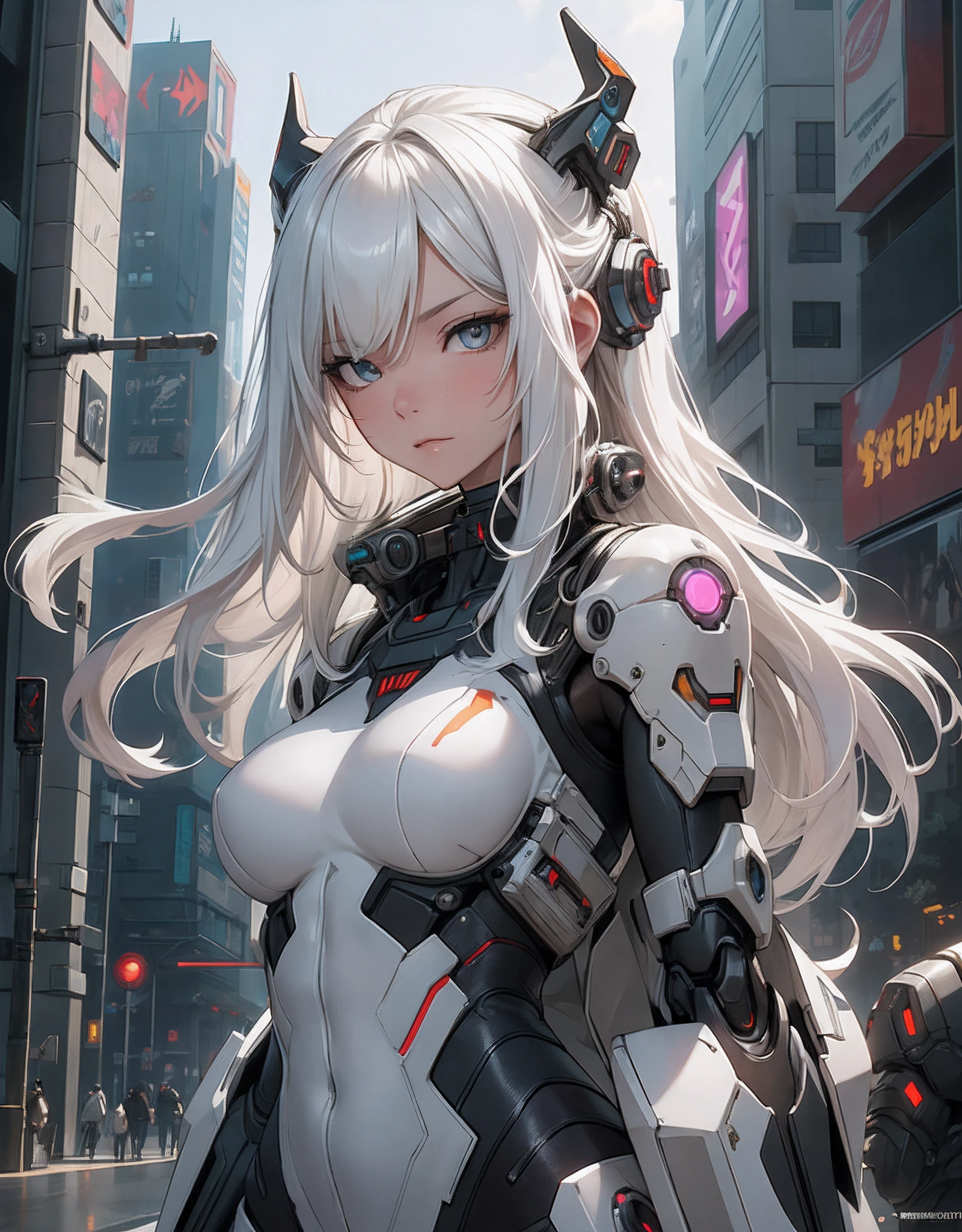 1个Giant Breast Girl, A beautiful girl robot cyberpunk with fantasy gun, Cyberpunk city setting, Face focus, White hair, White orange black machine suit color combination, body full of machines, Realistic futuristic hologram, Asian skin color, beautidful eyes, beautiful asian face, Cyber Headset, The suit is a solid mecha, reality machine, sci-fiish landscape, The manipulation is a masterpiece, long whitr hair, tmasterpiece, cyberpunk suit, Realistic sci-fi architectural texture mecha aesthetics, Digital cyberpunk, hanging over a city, cybertech, photo-realistic hair, A Lot of Hair, graying hair, Architecturally realistic metal texture, Realistic neon glow, Realistic neon sign, Wonderful side lighting, Realistic future cyberpunk architecture, Realistic Girl Robot Cyberpunk, Foggy sections, Fudge, A masterpiece of detail, Original image, depth of fields, Points of Interest, Depth of field is a masterpiece, Best Photographic Composition Masterpiece, Natural and realistic hair, The third rule of photographic masterpieces, natural lightting, A masterpiece of natural light photography from the side, realistic skin textures, strong reflection, ( posing on a) Beautiful masterpiece, Devil's Point, Smooth pixels, Light rays, softlighting, little breast, A masterpiece of cyber masks, fantasy gun, Carry fantasy weapons, skin detailed,