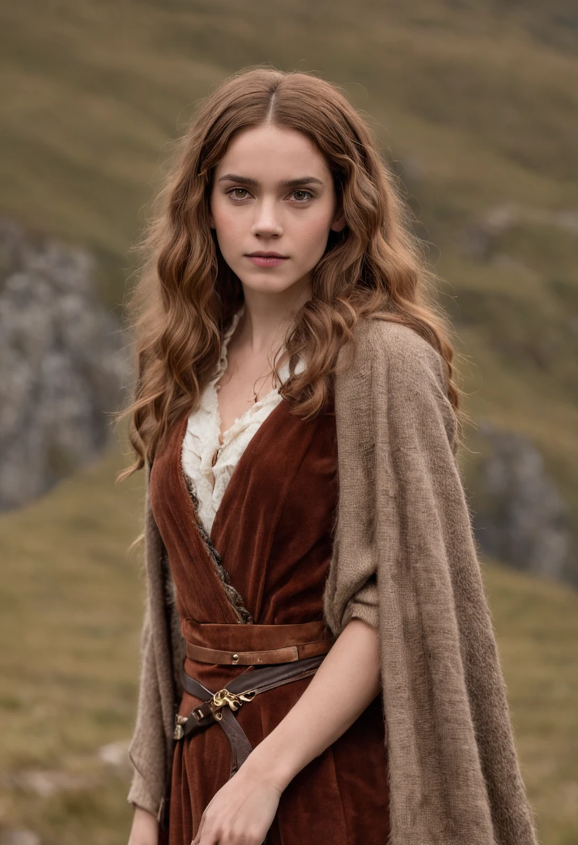 Hermione Granger as a cavewoman dressed in animal skin and holding a club, with Rocky Mountains in the background