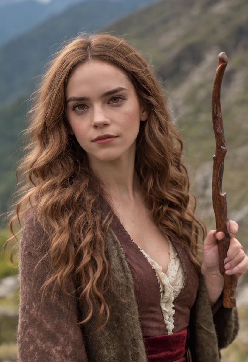 Hermione Granger as a cavewoman dressed in animal skin and holding a club, with Rocky Mountains in the background