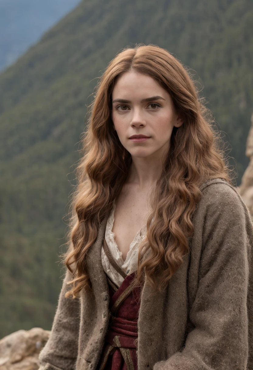 Hermione Granger as a cavewoman dressed in animal skin and holding a club, with Rocky Mountains in the background