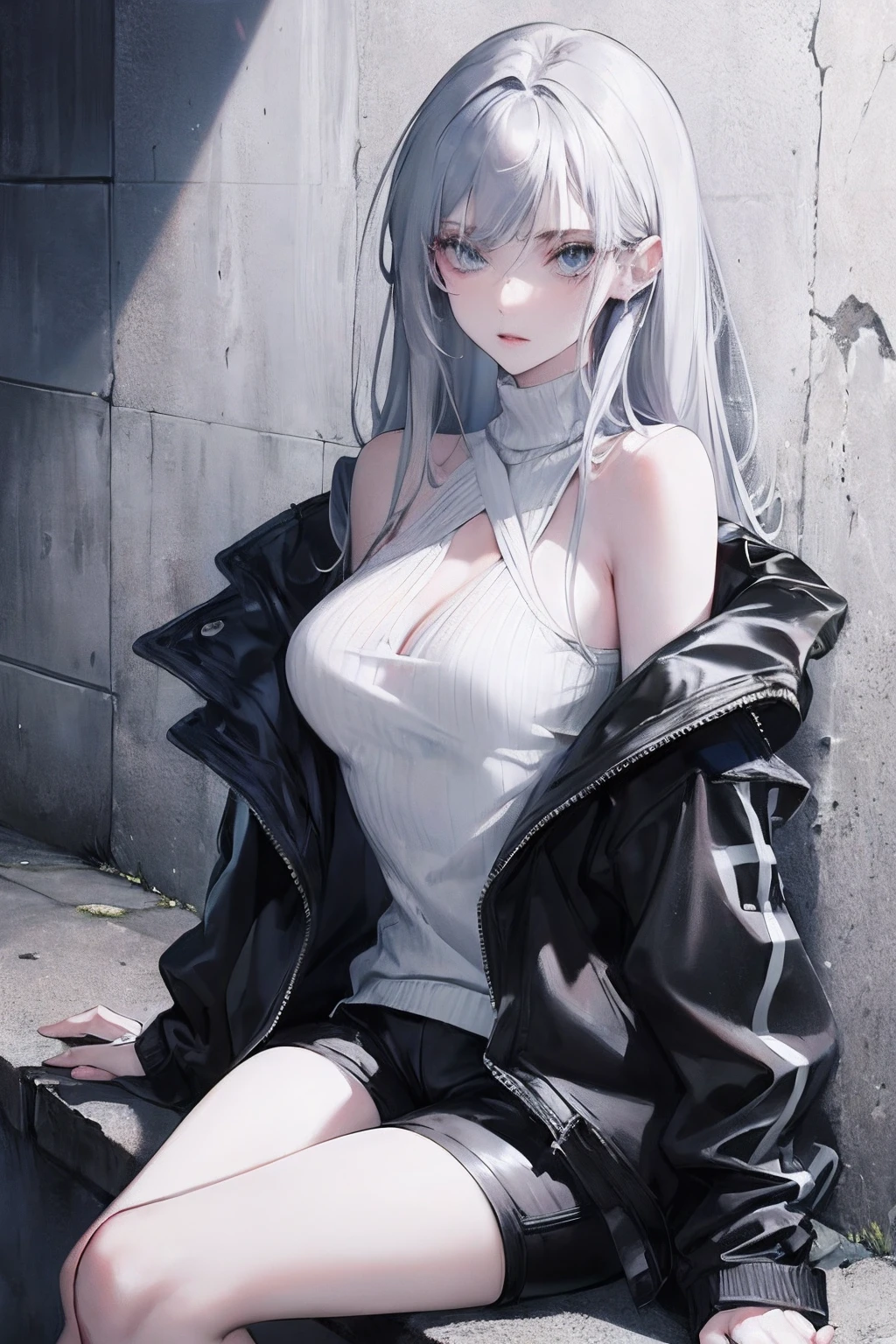 Official art, masterpiece, Sharp Focus, (Beautiful gorgeous woman:1.3), gray hair, long straght hair, blue eyes, bare shoulders, black down jacket, white sweater, black shorts, street fashion, pale skin, crossed legs, sitting against the wall, sexy facial expression, epic scenery, parted bangs