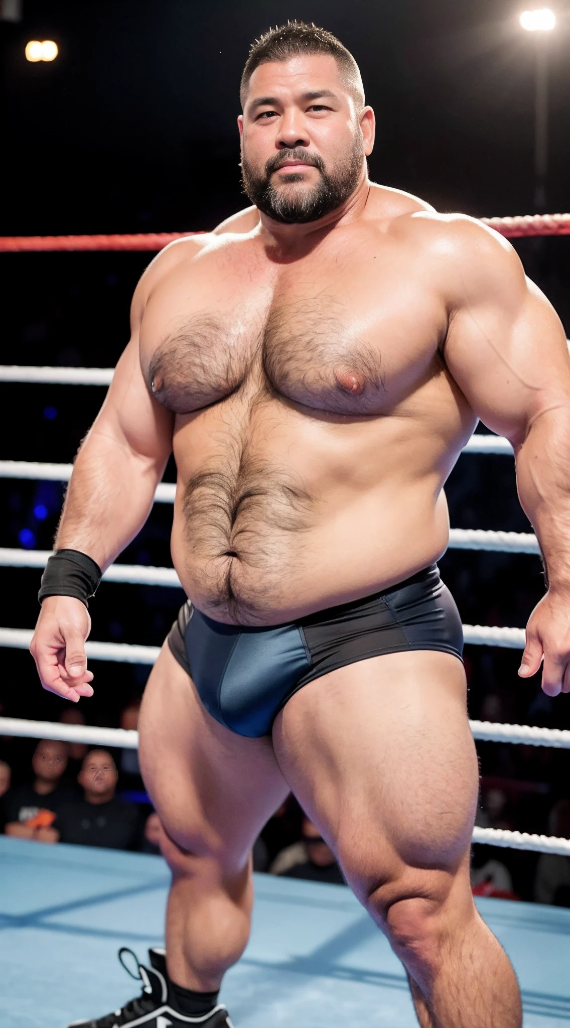 solo person，male people，Muscle wrestler，musculous，Stout wrestler，jpn，uncle，45-year-old middle-aged man，Short hair，short detailed hair，Wrestling boots，athletic sneakers，Full body like，Panorama Figures，WWE rings，WWE American professional wrestling，spotlight lights，shadowing，visions，Orange panties，Gold briefs，fatness，aged 40，Short beard，Middle aged，Tattooed with，Fingerless gloves，Wheat-colored skin，Oily skin，dark-skin，Show off your pectorals，Sumo wrestler，body builder，Short beard，Wide sideburns，entire body image，