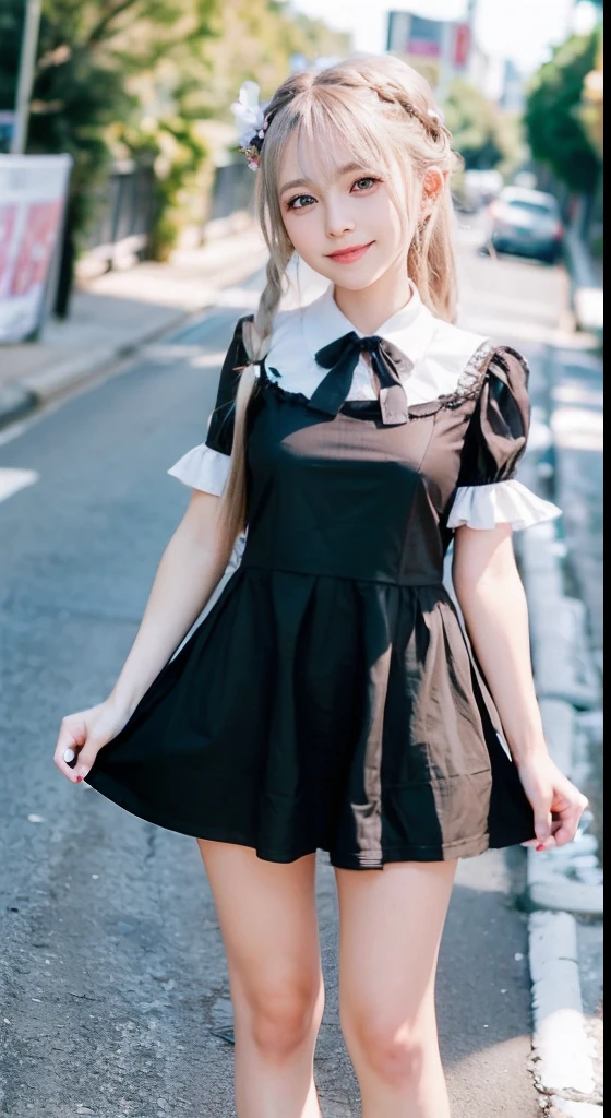 (ultra-detailliert), Frontal Face,head shot, Front view,Cute princess dresses in black color,(frilly dress),(shortsleeves),Blue eyes,The upper part of the body、full body Esbian、faces、(A smile:1.5),(facing front:1.2), 20yr old, teens girl,no tail,(no tail),2D, ​masterpiece, top-quality, animesque, A detailed eye, A detailed face, girl with, Only 1 person,Silver-haired medium hair, (a blond),  Ear Hair, small tits, Single braid, (Single braid), (Side braid), Pink ribbon, Ribbon around the neck, (White sleeves), standing in the middle of the road